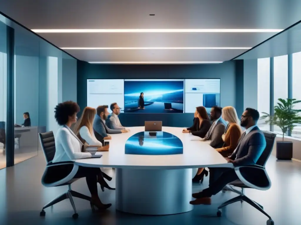 Reunión de profesionales en videoconferencia Inversión en herramientas de videoconferencia: Profesionales colaborando en una sala de reuniones futurista con equipo de alta tecnología