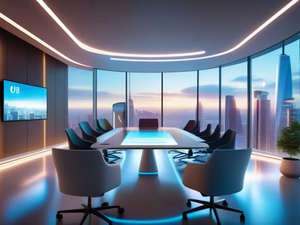 Sala de reuniones virtuales futurista con tecnología de vanguardia Herramientas de videoconferencia para profesionales en una sala futurista con tecnología de vanguardia y una atmósfera cálida y acogedora