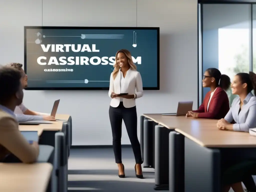 Clase virtual moderna para colaboración efectiva Herramientas de videoconferencia para proyectos: Imagen de aula virtual moderna con estudiantes diversos participando en discusión animada