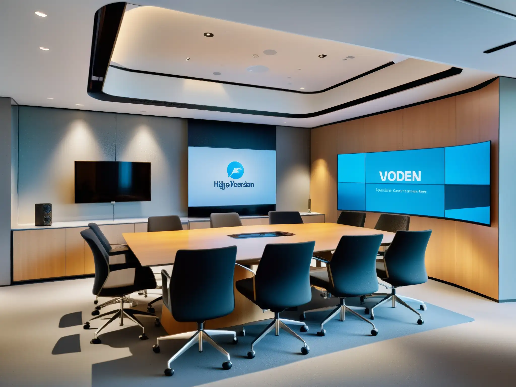 Sala de videoconferencias de alta gama: eficiencia y colaboración Herramientas de videoconferencia para gestión de proyectos en una sala moderna y luminosa, donde profesionales colaboran con eficiencia
