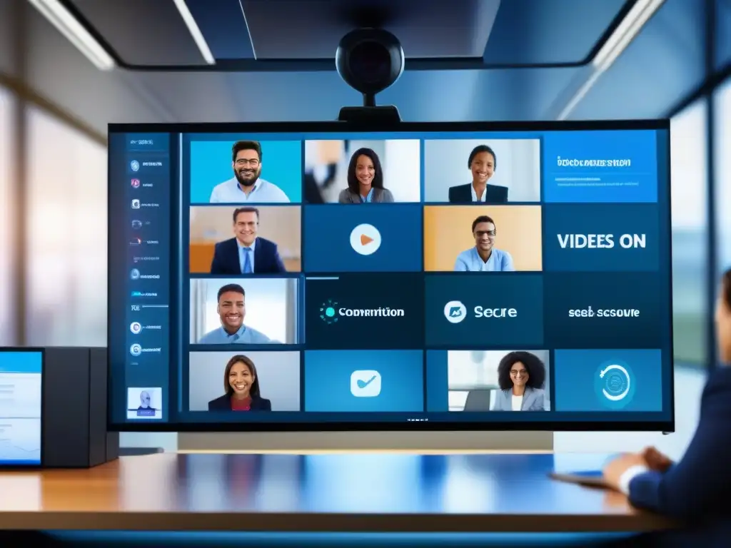 Interfaz de videoconferencia segura y profesional Herramientas de videoconferencia seguras encriptadas: Interfaz moderna con feeds de video nítidos y controles de privacidad avanzados