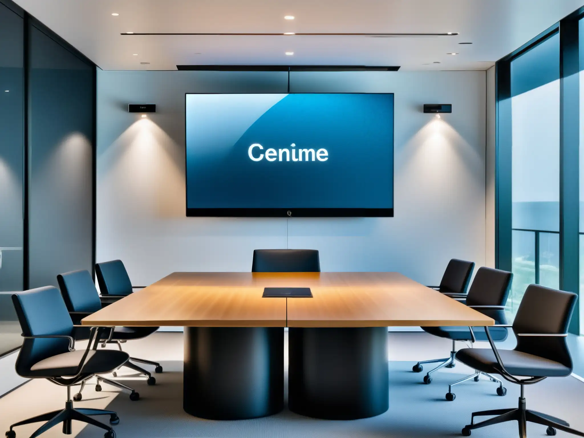 Sala de videoconferencias moderna y profesional Herramientas de videoconferencia seguras en un entorno profesional y acogedor, con diseño minimalista y privacidad