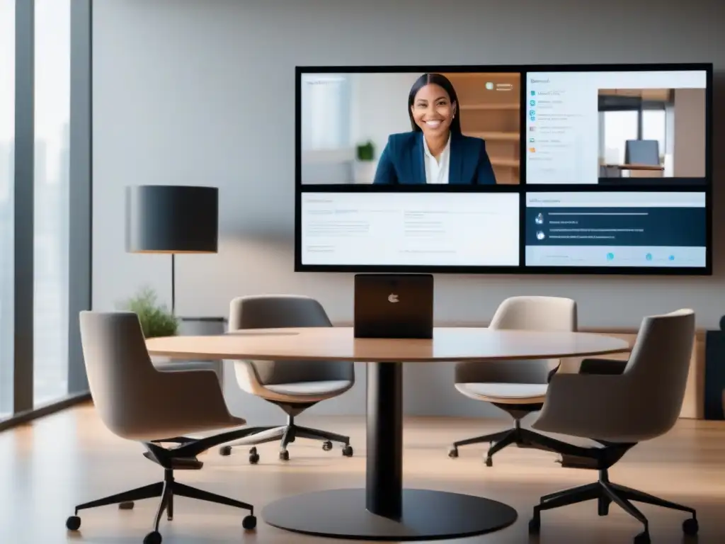 Espacio de trabajo moderno con videoconferencia profesional Herramientas de videoconferencia seguras en un entorno profesional y educativo, con participantes enfocados y comprometidos