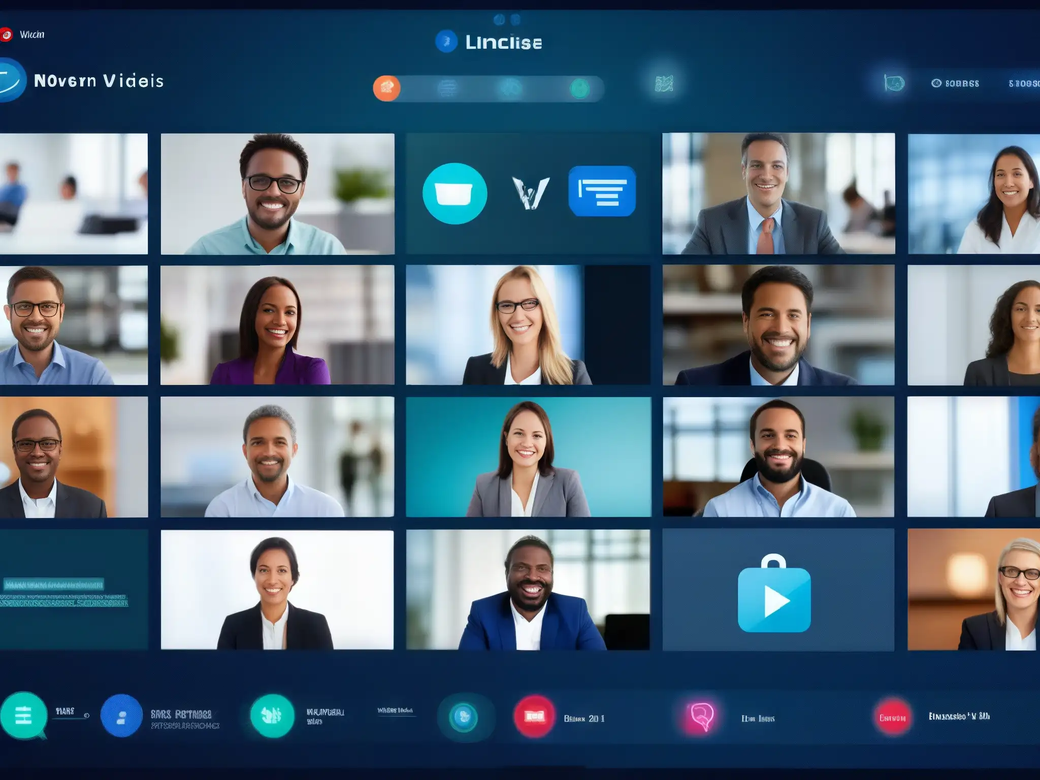 Videoconferencia segura y profesional para reuniones virtuales Herramientas de videoconferencia seguras: Interfaz moderna con videollamadas nítidas y profesionales en reunión virtual segura y encriptada