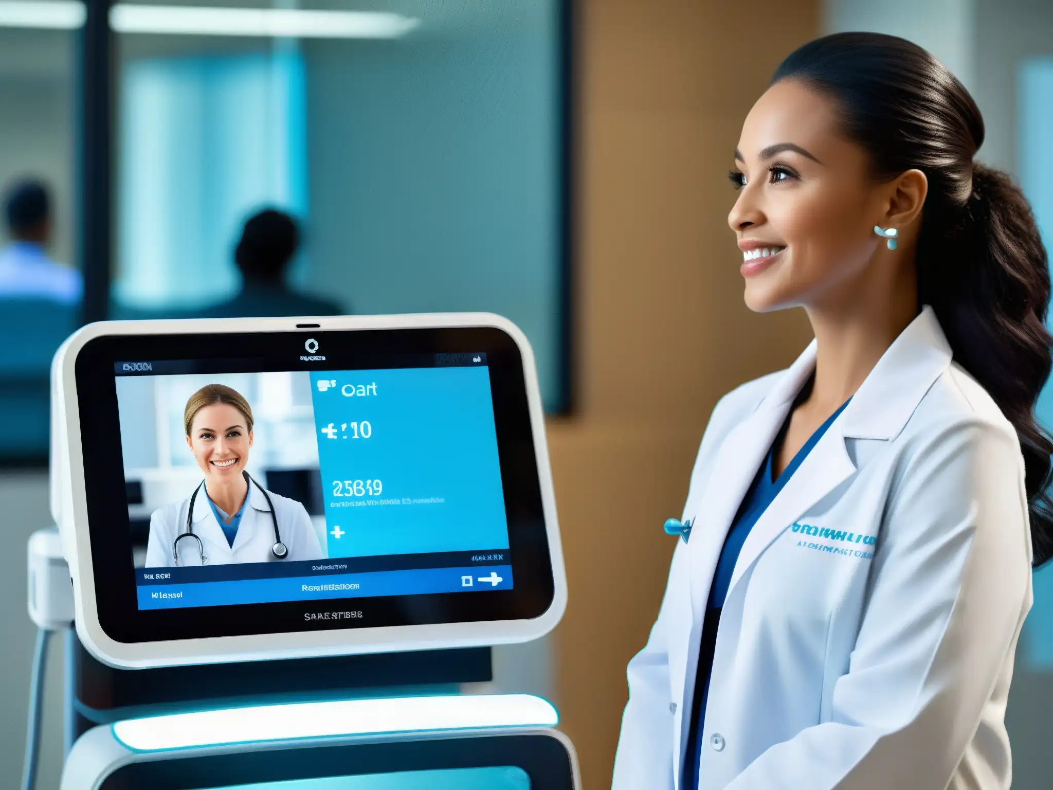 Telemedicina de vanguardia: equipo médico de alta tecnología en acción Herramientas de videoconferencia para telemedicina: Un carrito de telemedicina ultradetallado en un centro de salud moderno, con equipo médico de alta tecnología y pantalla táctil interactiva