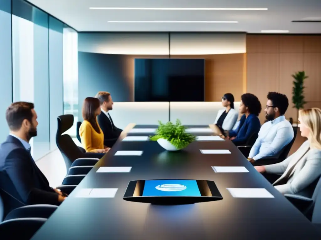 Sala de conferencias futurista con videoconferencia de alta tecnología Herramientas de videoconferencia para trabajo colaborativo en una sala de reuniones moderna y luminosa, con diseño futurista y tecnología integrada