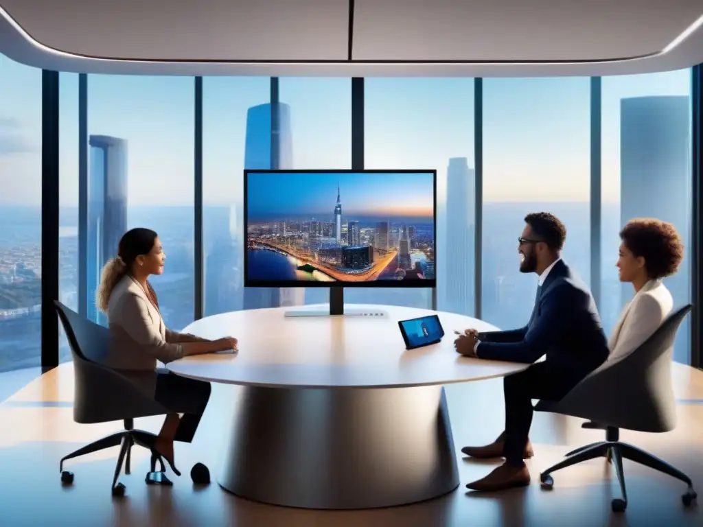 Videoconferencia de Alta Definición en Ambiente Profesional Herramientas de videoconferencia retienen usuarios en moderna interfaz de alta resolución con participantes colaborando en sofisticado entorno de oficina