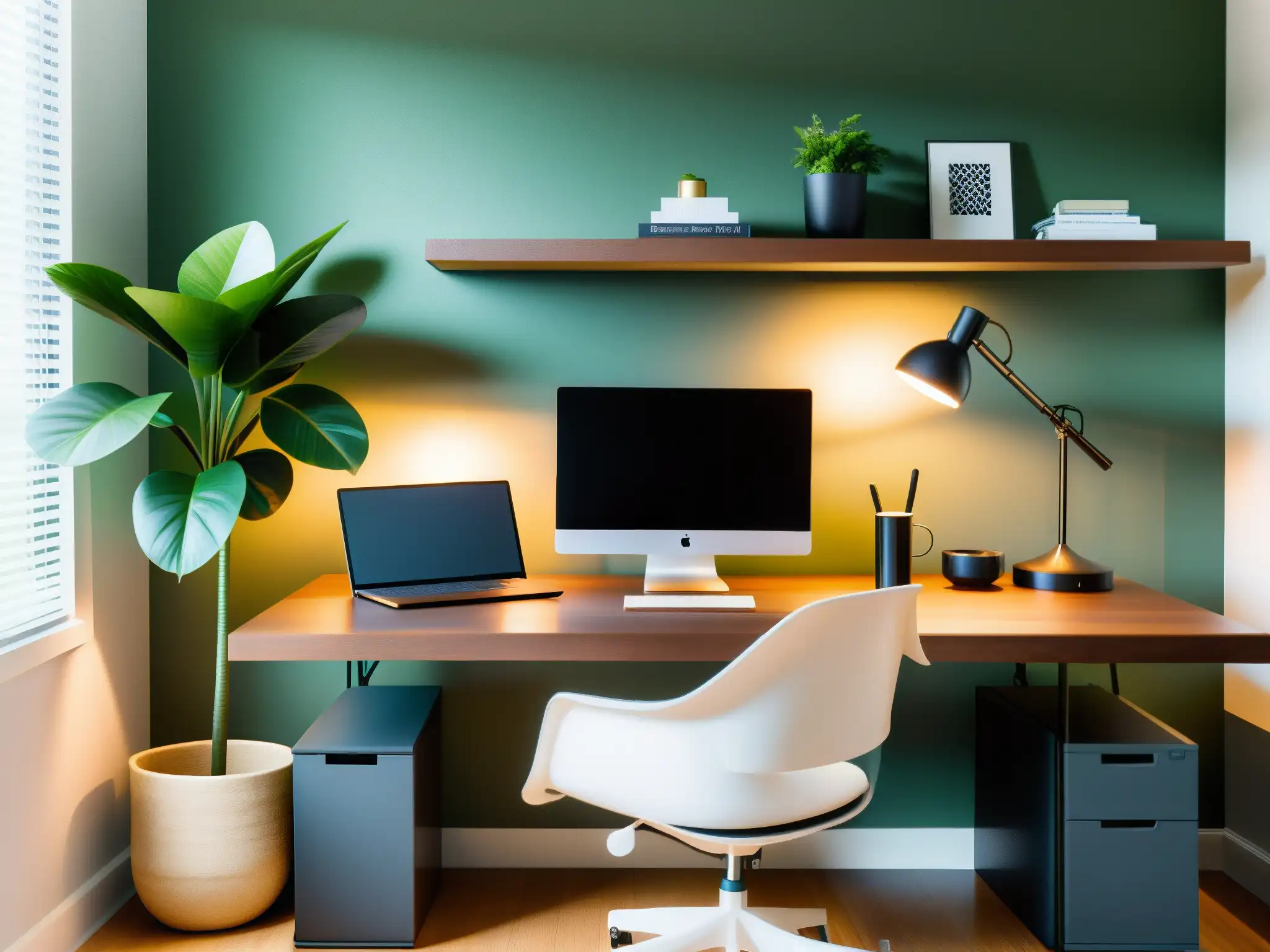 Oficina en casa moderna y serena: escritorio espacioso, luz natural y decoración minimalista Un hogar moderno y sereno con un espacio de oficina organizado, perfecto para videoconferencias y la salud mental