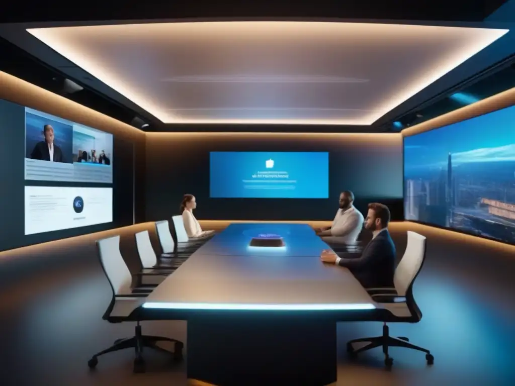 Holograma 8k: Reunión virtual con presencia realista Holograma ultradetallado de reunión virtual, con tecnología holográfica avanzada y ambiente virtual inmersivo