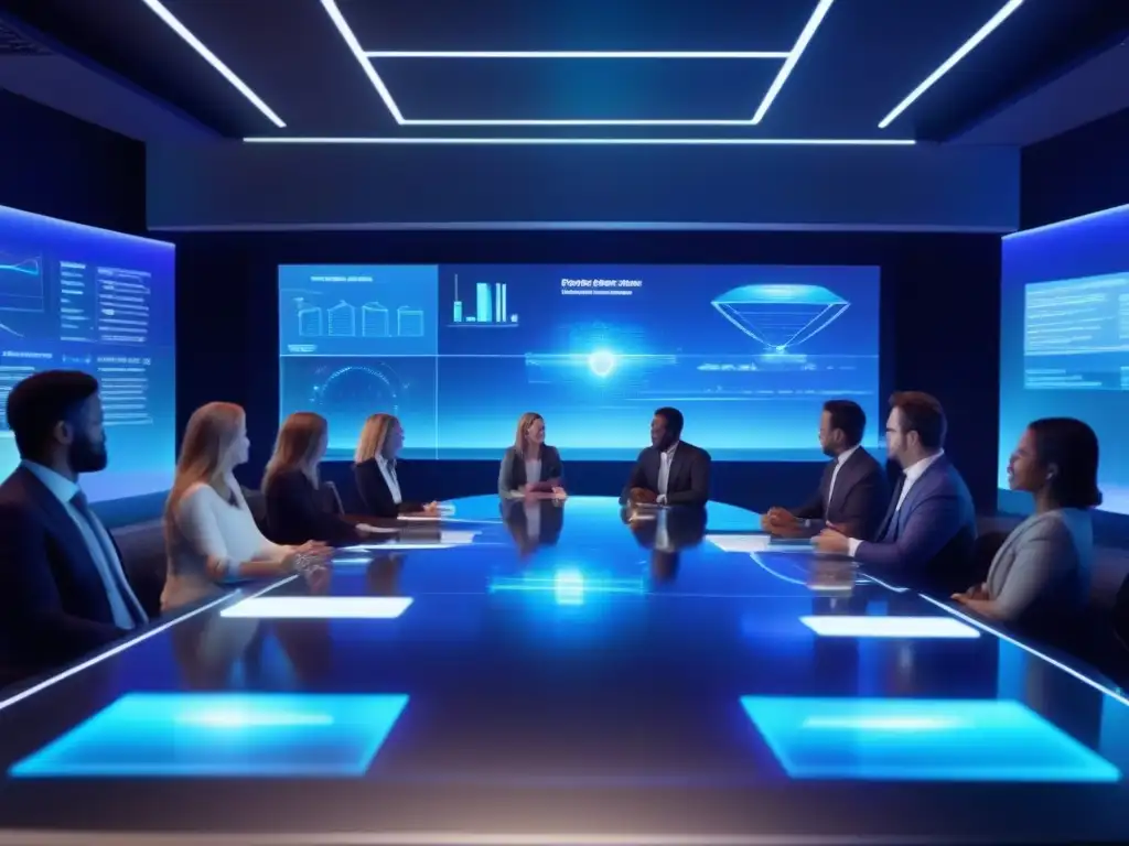 Reunión virtual de ejecutivos en sala futurista holográfica Hologramas en reuniones virtuales: Ejecutivos en sala de juntas holográfica, discutiendo estrategias con gráficos detallados en el aire