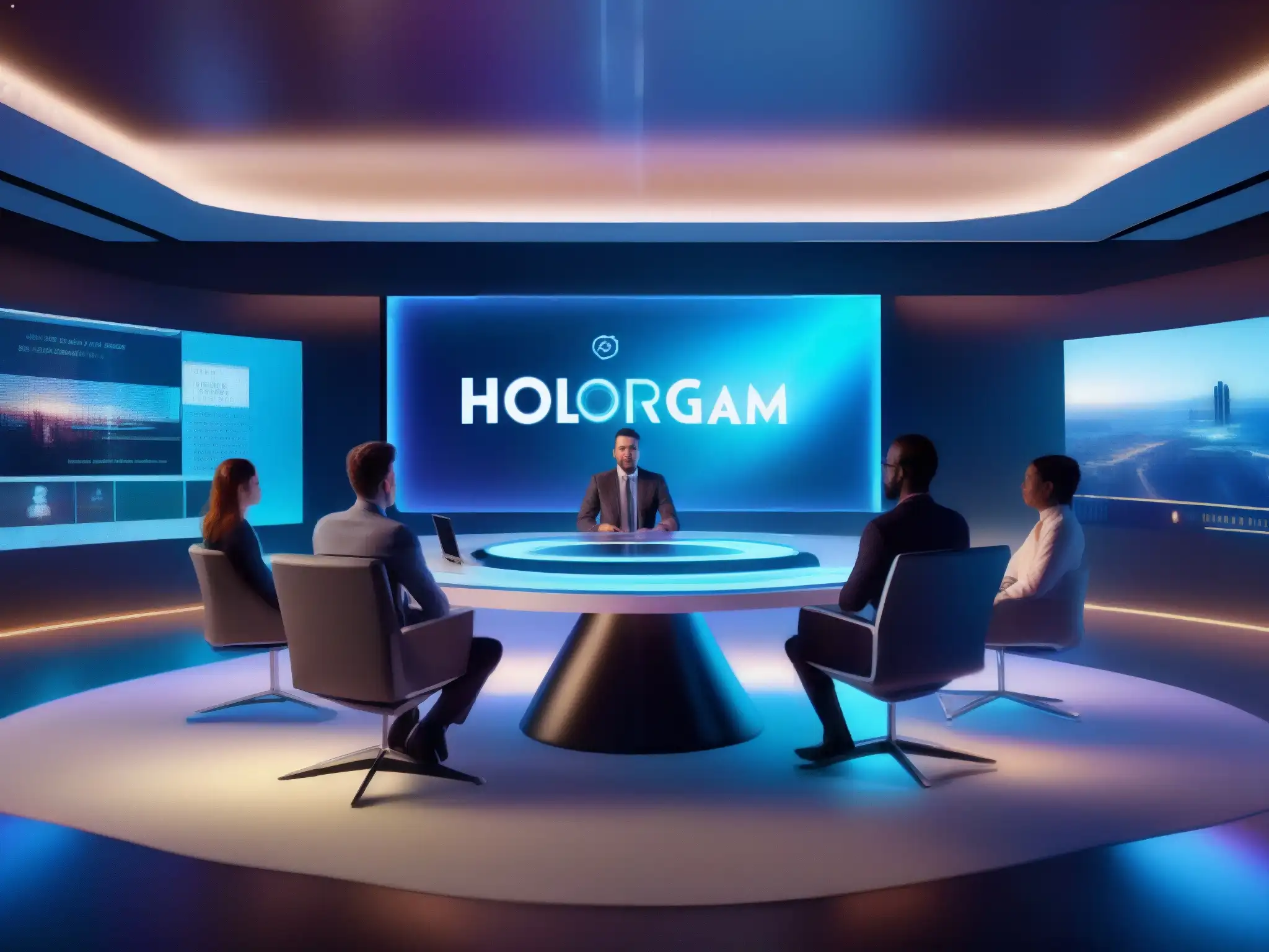 Salón de reuniones virtuales futurista con tecnología holográfica Hologramas en reuniones virtuales: Futurista sala de reuniones virtual con tecnología holográfica y ambiente profesional