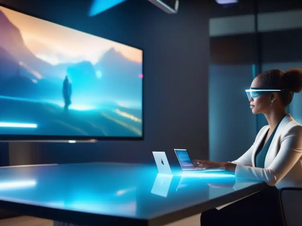 Proyección holográfica en videoconferencia Hologramas en reuniones virtuales: Participante en videoconferencia con holograma nítido y detallado, creando una experiencia digital inmersiva