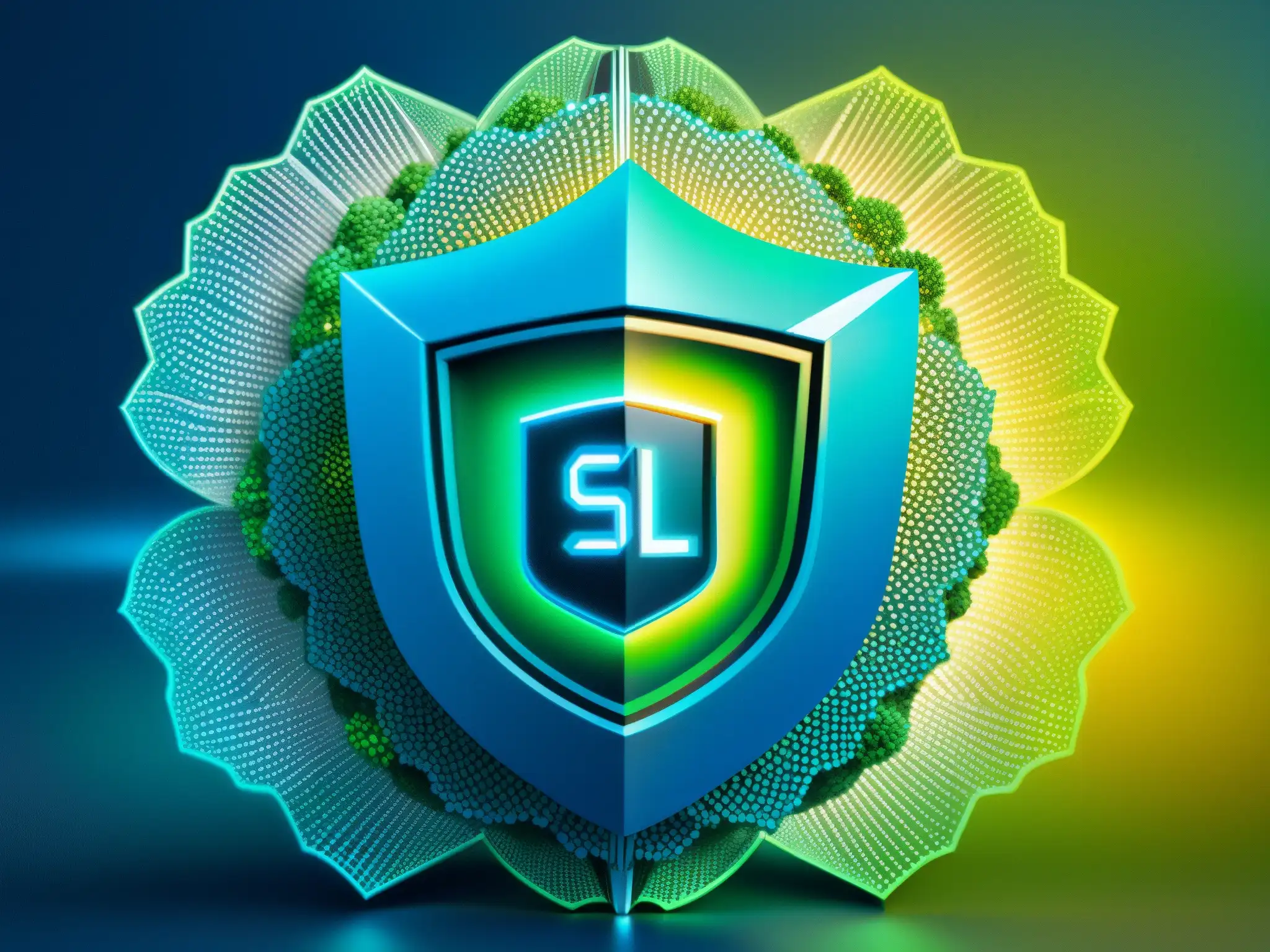 Certificado SSL con holograma futurista y seguridad en red Un icono de certificado SSL seguro rodeado de elementos holográficos futuristas y una red de nodos digitales