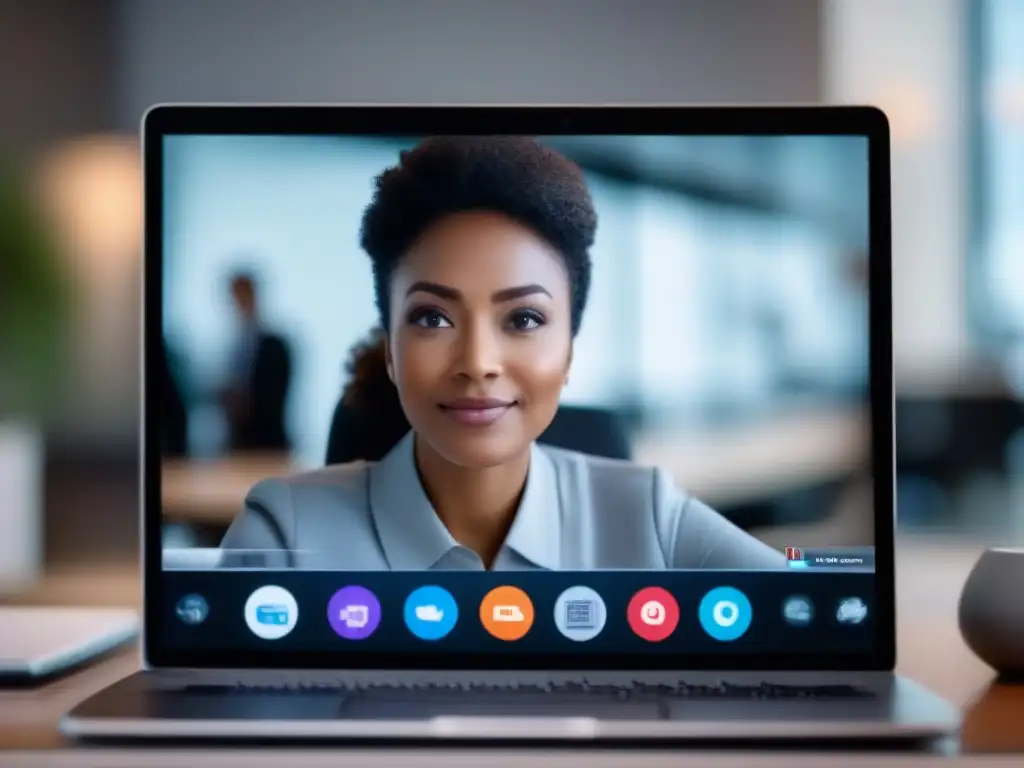 Retrato de videoconferencia: detalle ultraclaro y expresiones cautivadoras Imagen de alta calidad en videoconferencia, mostrando detalle y concentración en el rostro mientras se destaca una configuración profesional y moderna