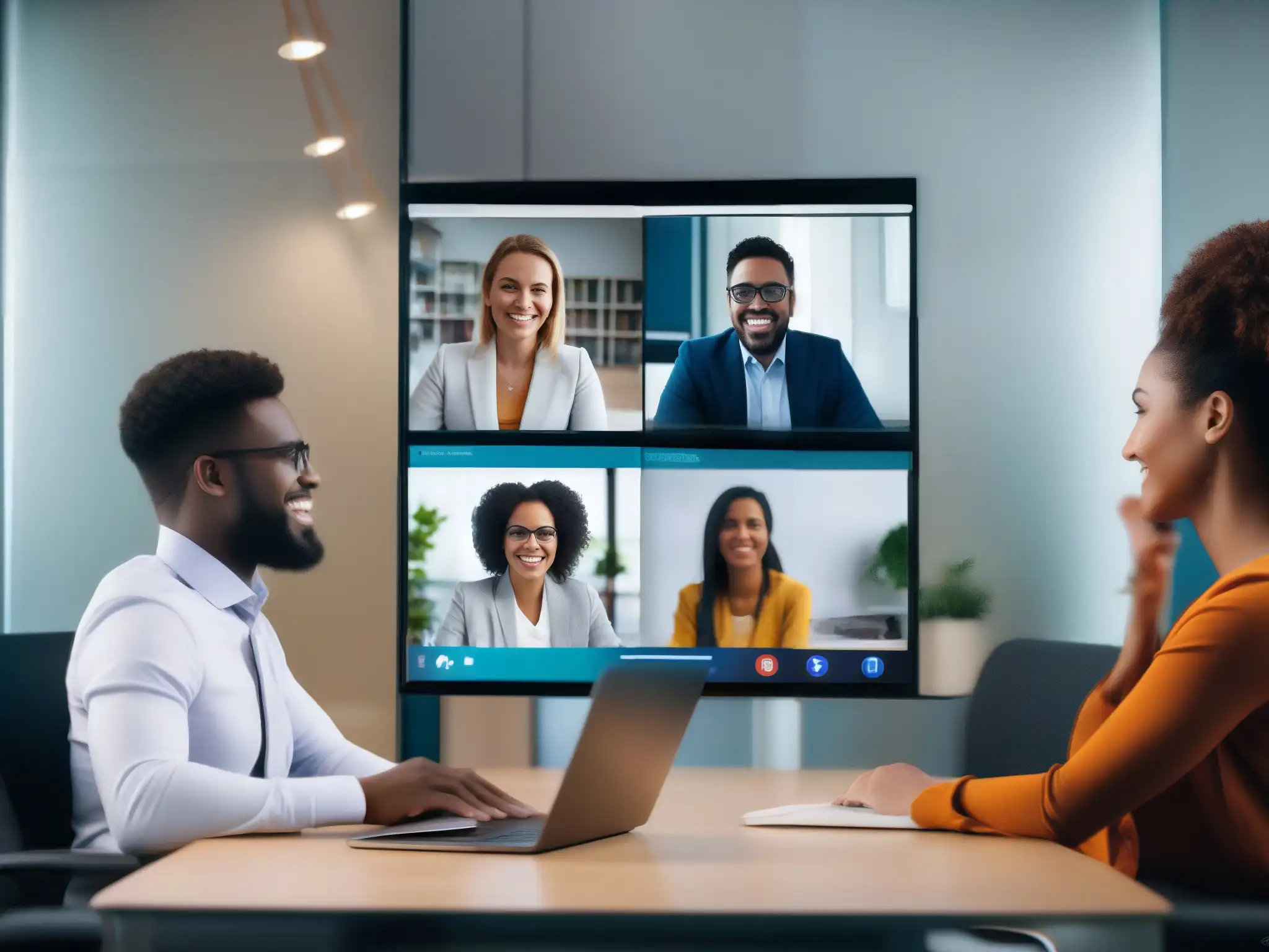 Conferencia en vivo: Expresiones faciales y comunicación inmediata Una imagen de alta resolución que muestra una comparación de pantalla dividida de dos personas en una videoconferencia, destacando la claridad y la inmediatez de la comunicación