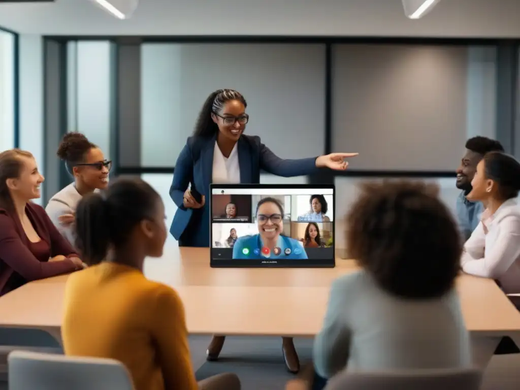 Clase virtual segura: estudiantes y maestro en acción Una imagen de alta resolución que muestra a un diverso grupo de estudiantes y un profesor comprometidos en un entorno de aula virtual