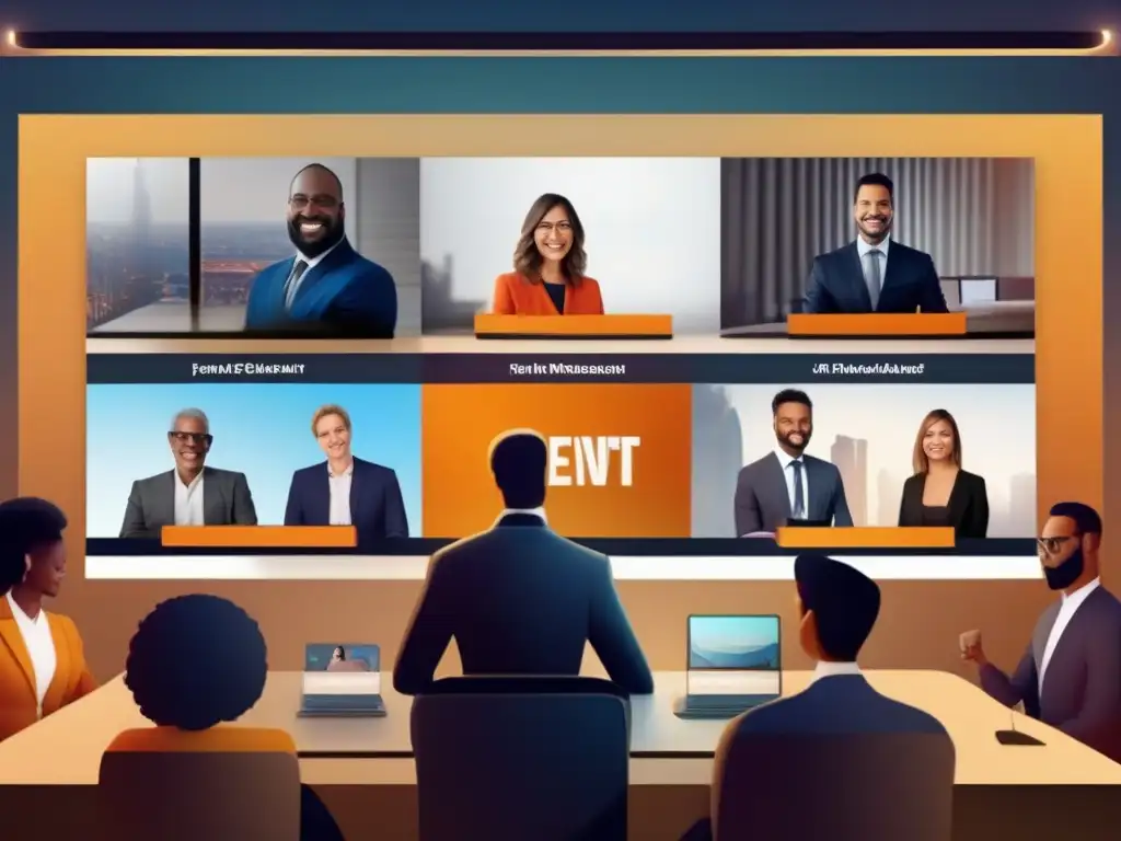 Webinar virtual: Profesionales dinámicos y visuales impactantes Una imagen de alta resolución que muestra un evento virtual con diseño moderno y dinámico
