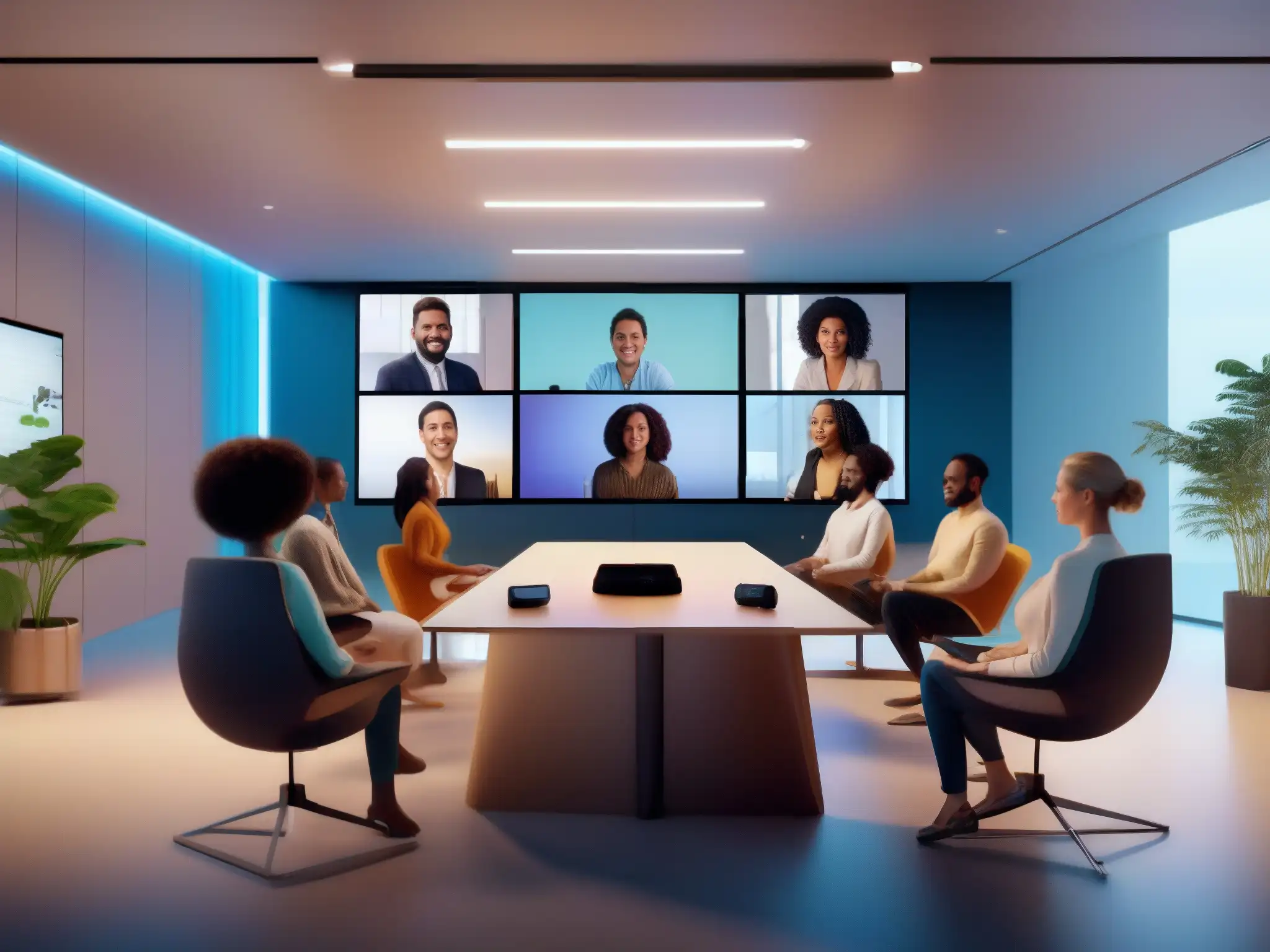 Reunión virtual ultrarrealista: avatares en 8k Imagen en alta resolución de una sala de reuniones virtual con avatares realistas participando en una videoconferencia