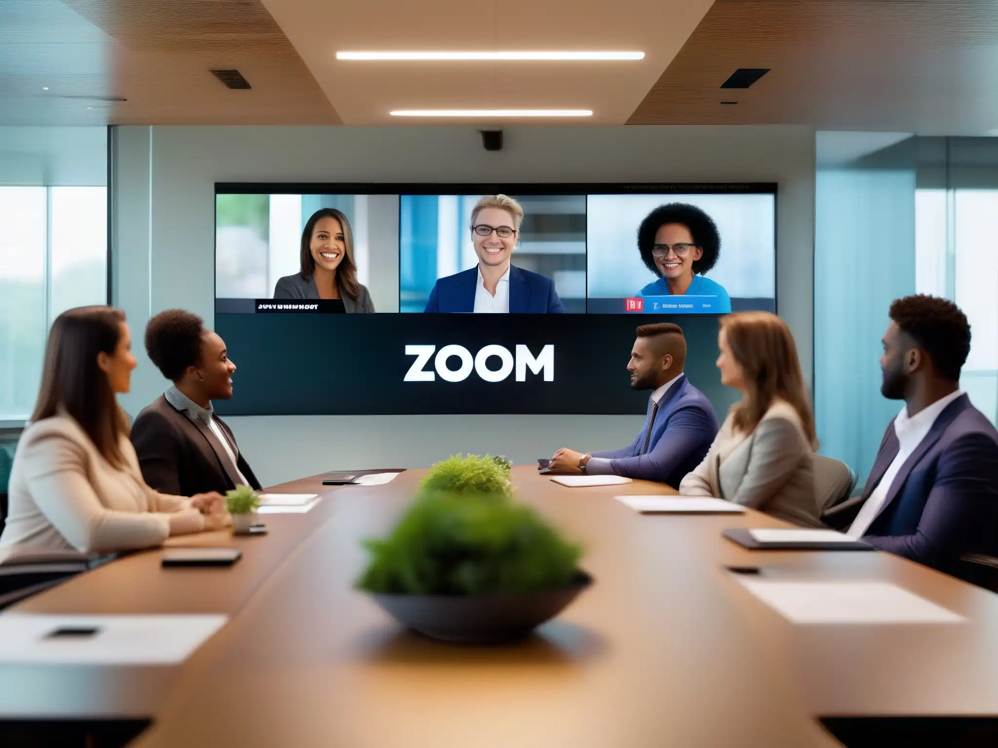 Comparativa de videoconferencias: Teams contra Zoom Imagen de alta resolución que muestra videoconferencias en Teams y Zoom, con participantes expresivos