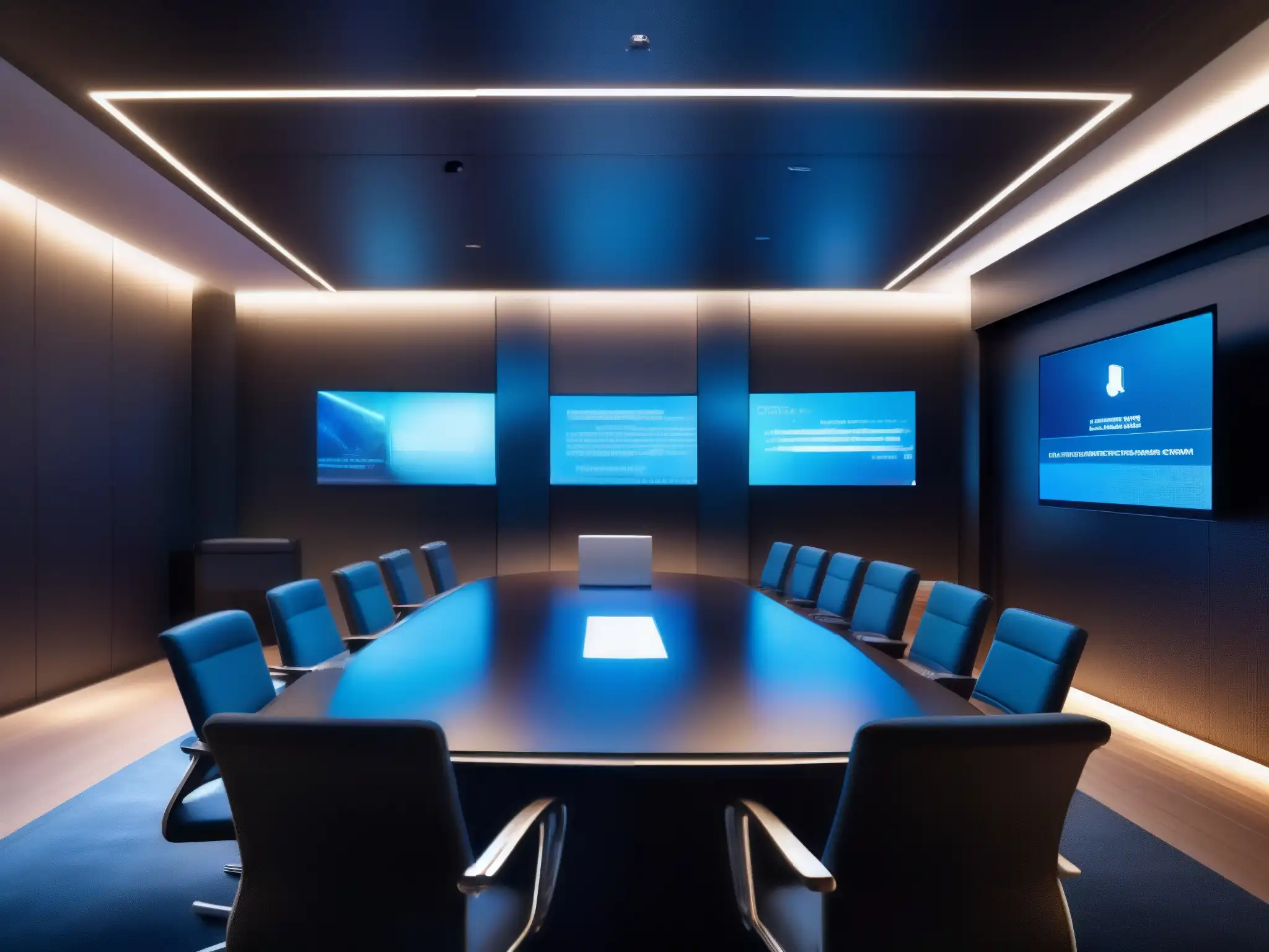Sala de conferencias de alta tecnología con medidas de seguridad avanzadas Imagen de alta tecnología en sala de conferencias, con equipo de videoconferencia futurista y medidas de seguridad avanzadas