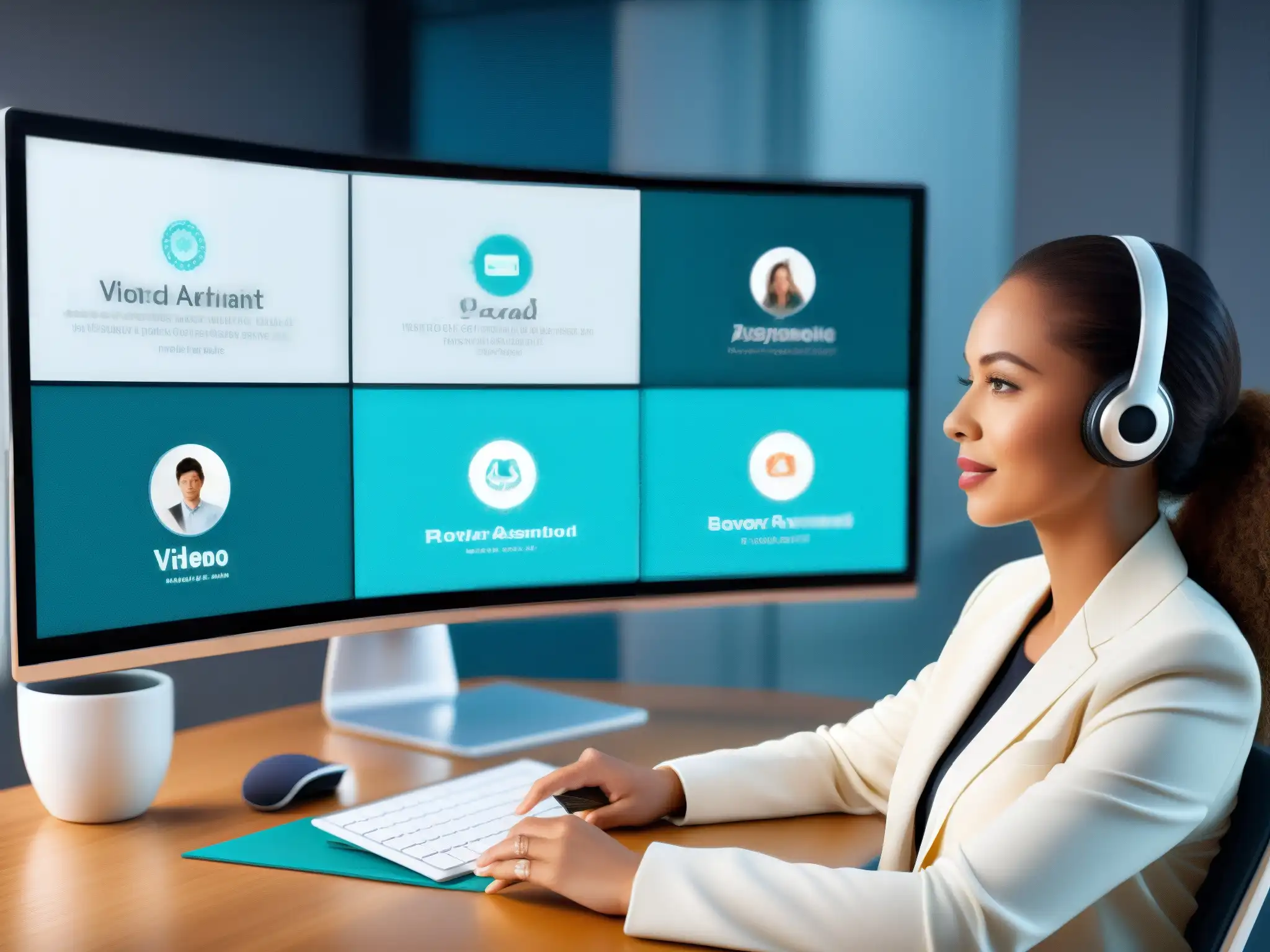 Asistente virtual dirige videoconferencia profesional Imagen de una asistente virtual coordinando una videoconferencia profesional con automatización y análisis de datos en tiempo real