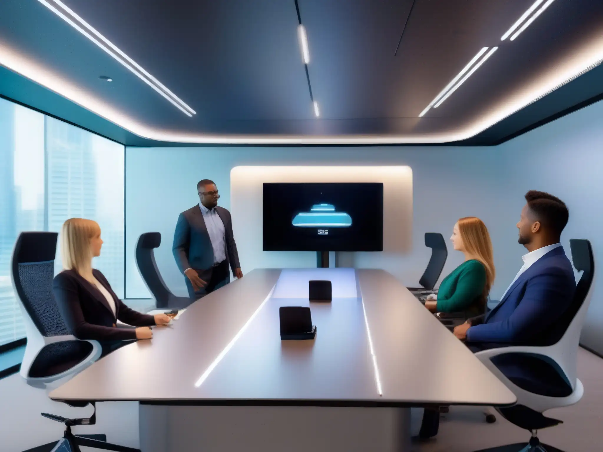Salas de videoconferencias futuristas con asistentes virtuales eficientes Imagen de asistentes virtuales en videoconferencia profesional, ambiente innovador y productivo