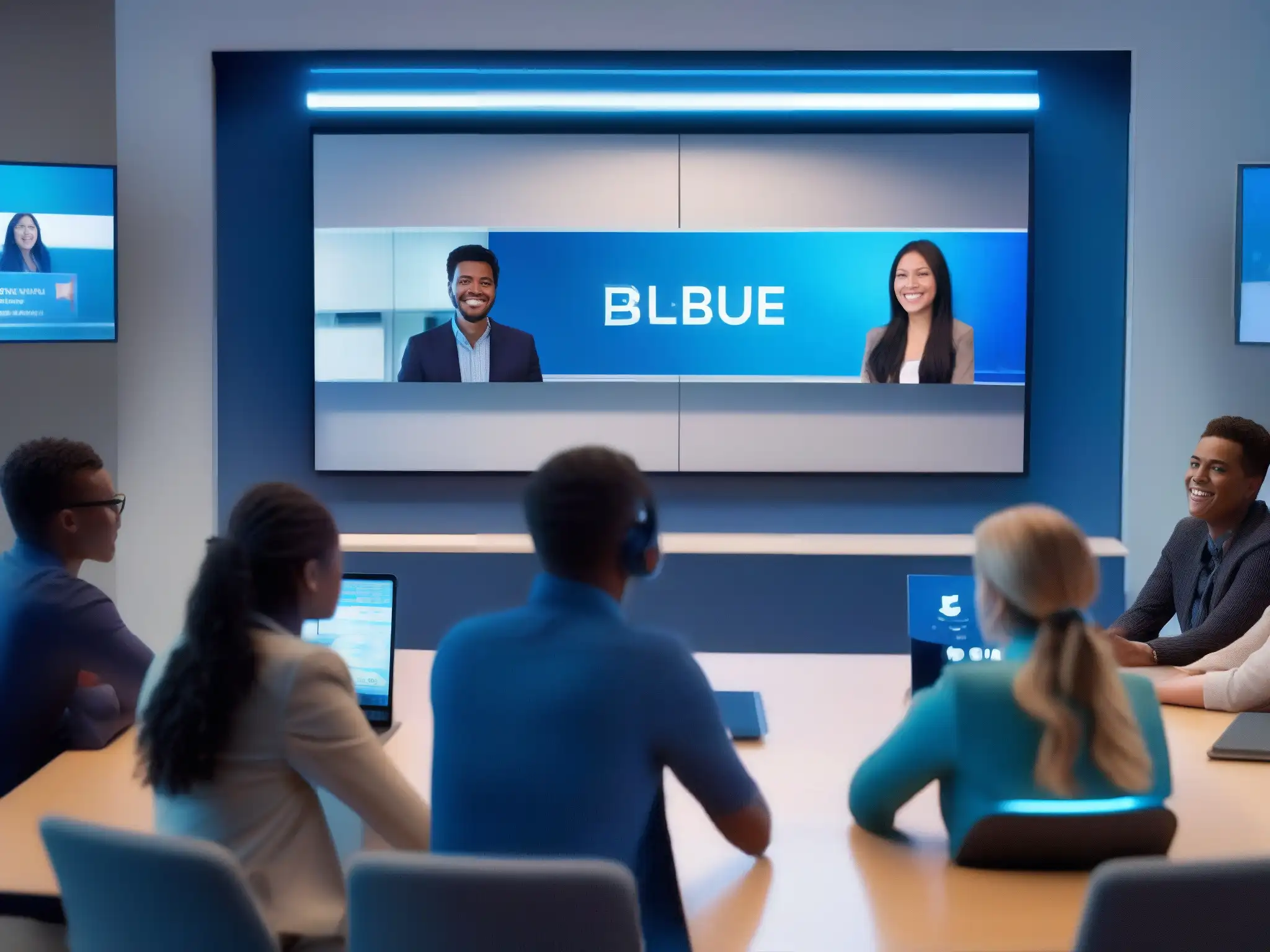 Clase virtual futurista con BigBlueButton En la imagen, un aula futurista con estudiantes participando en una videoconferencia de BigBlueButton
