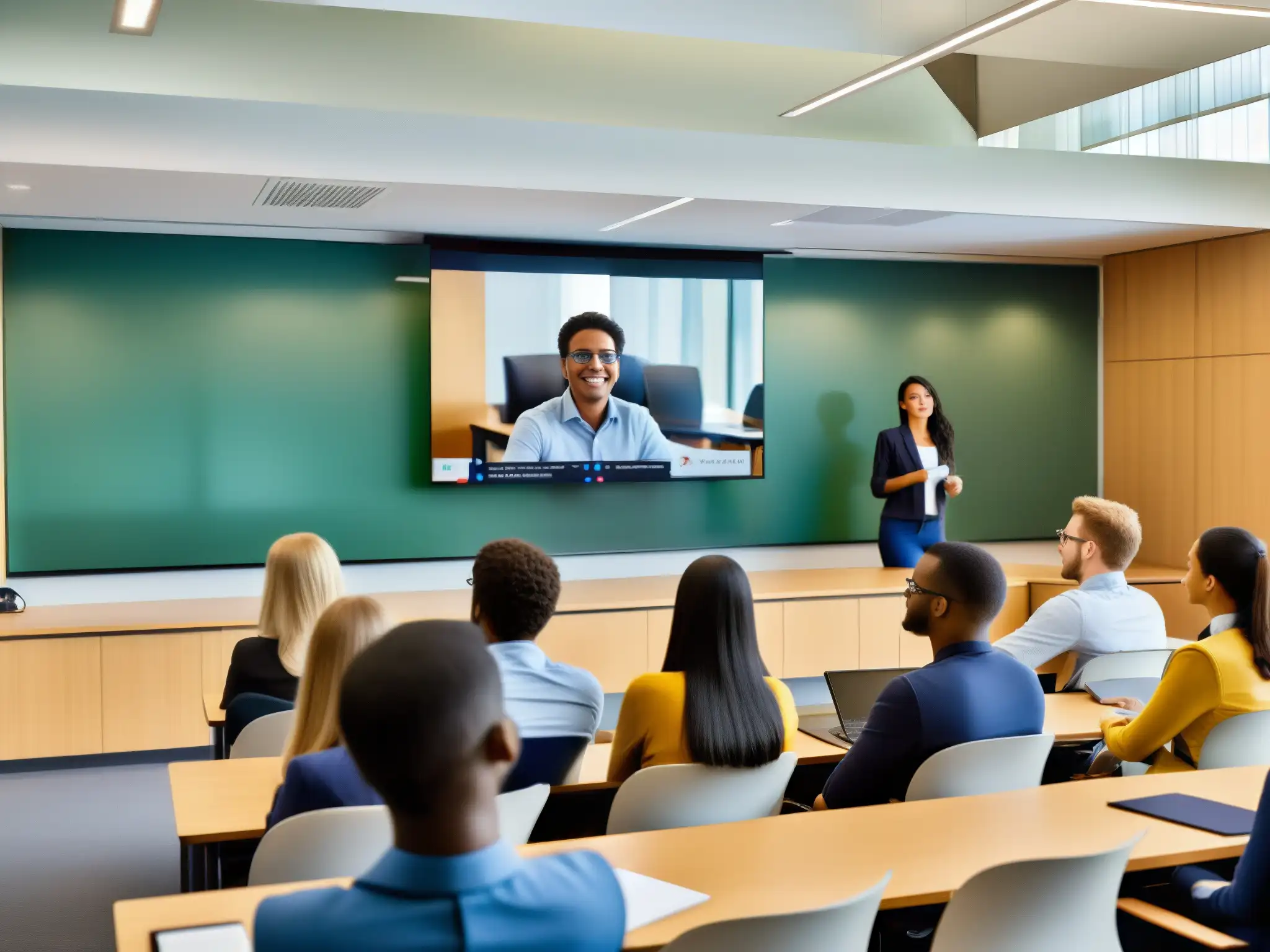 Clase universitaria en videoconferencia Imagen de aula universitaria con estudiantes participando en videoconferencia, profesor lidera discusión