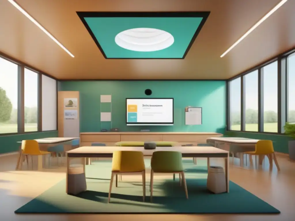 Salón Montessori Virtual 8k: Experiencia Educativa Inmersiva Imagen 8k de aula virtual Montessori con materiales interactivos y estudiantes colaborativos