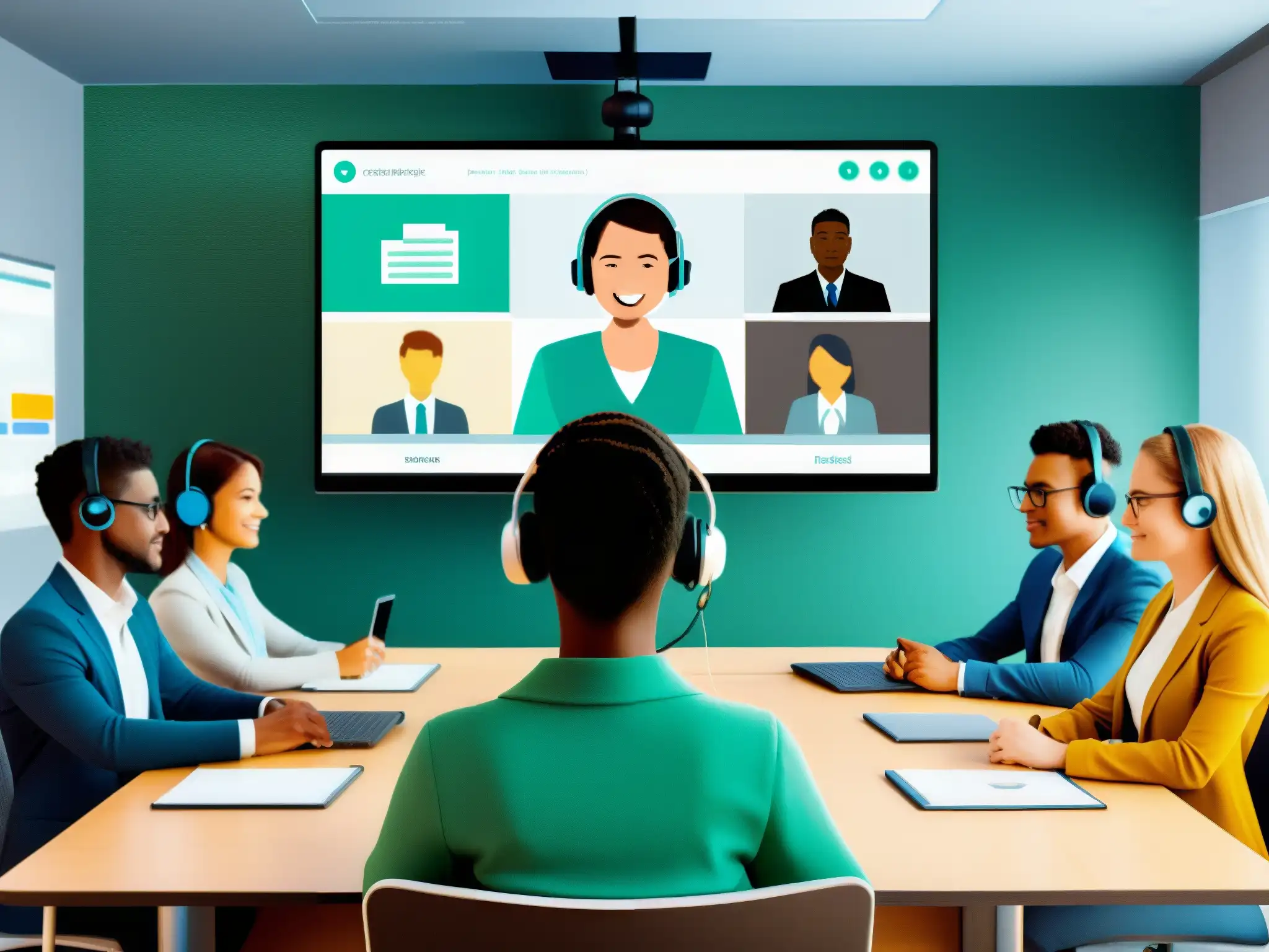Clase virtual segura: alumnos y maestro en videoconferencia Imagen de aula virtual moderna con enfoque en protección privacidad videoconferencias