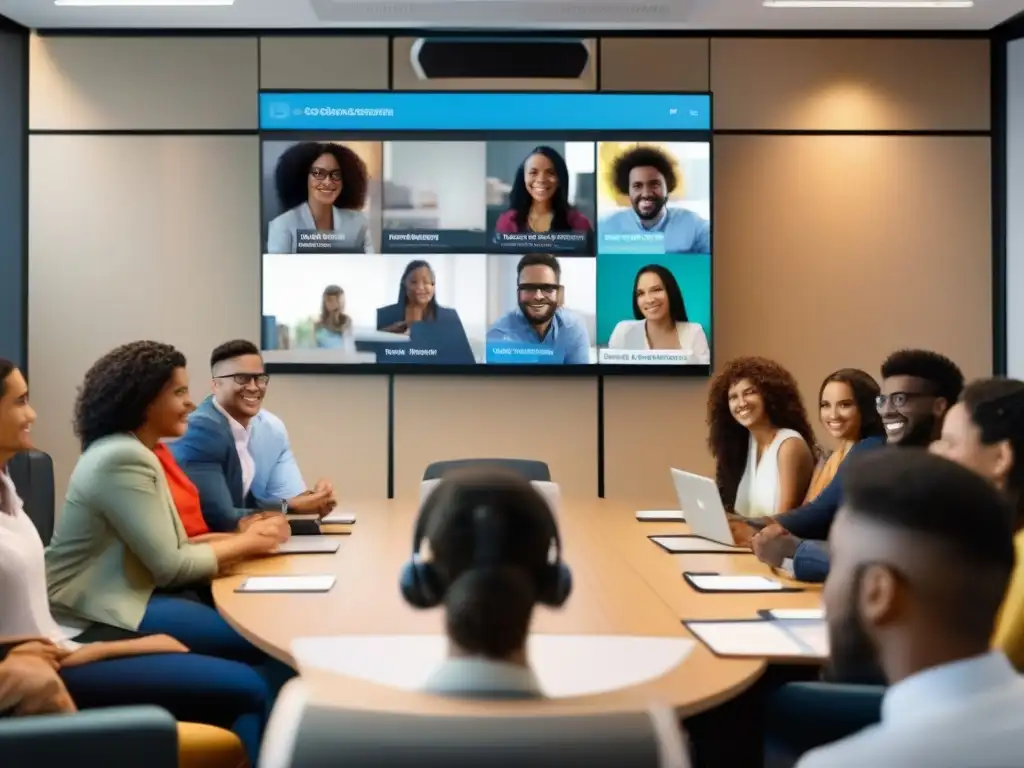Clase virtual dinámica en GoBrunch: estudiantes participativos y educador profesional Imagen de aula virtual con plataforma de videoconferencia amigable, estudiantes participativos y educador profesional