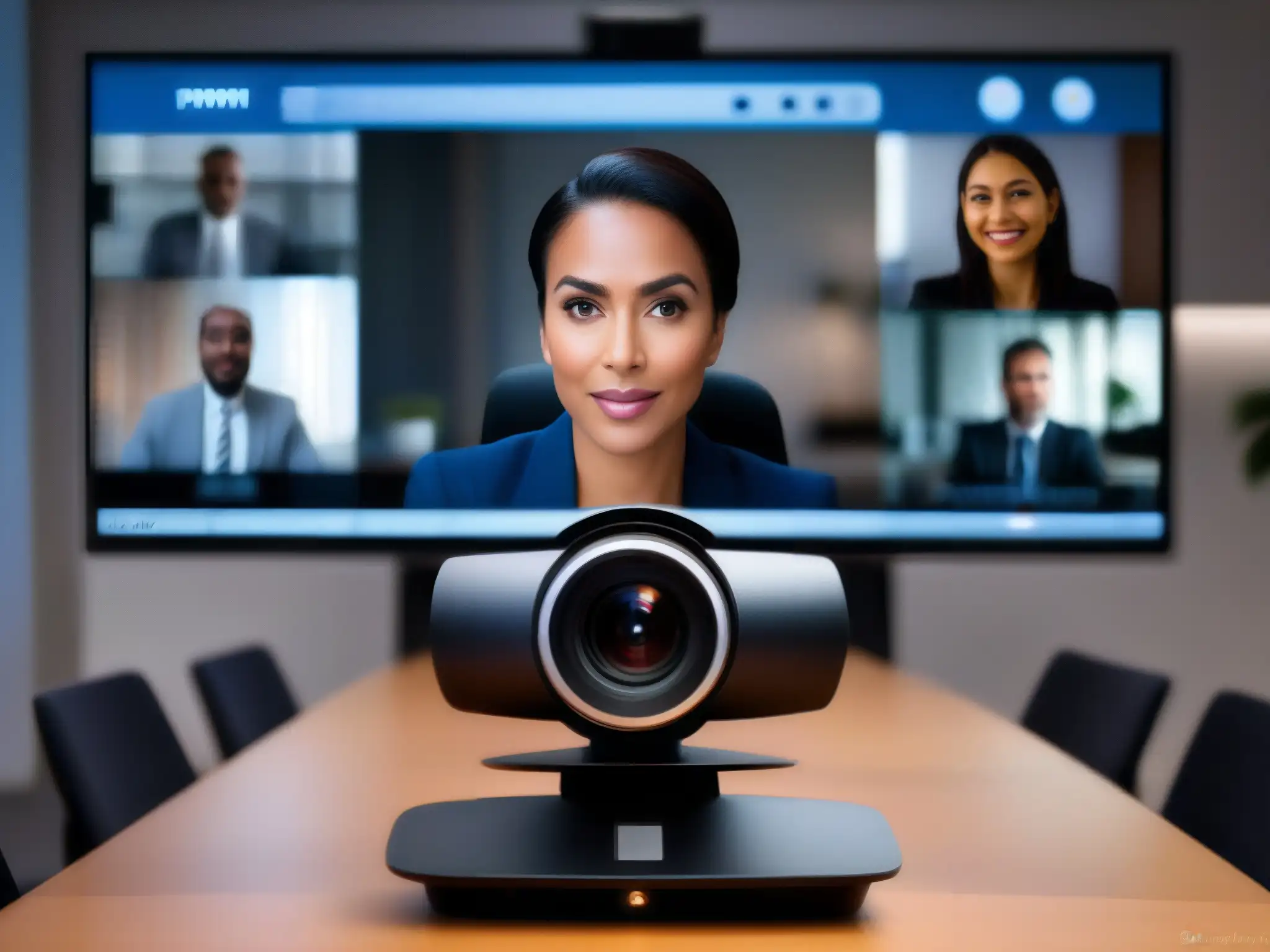 Expresiones profesionales en videoconferencia Imagen de cámara de videoconferencia de alta tecnología capturando expresiones faciales en una sala moderna bien iluminada