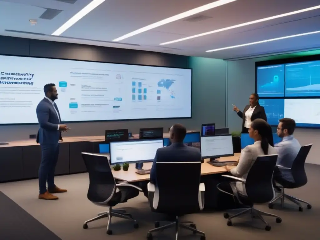 Entrenamiento de ciberseguridad en oficina moderna Imagen de capacitación en ciberseguridad para proteger información corporativa en videoconferencias