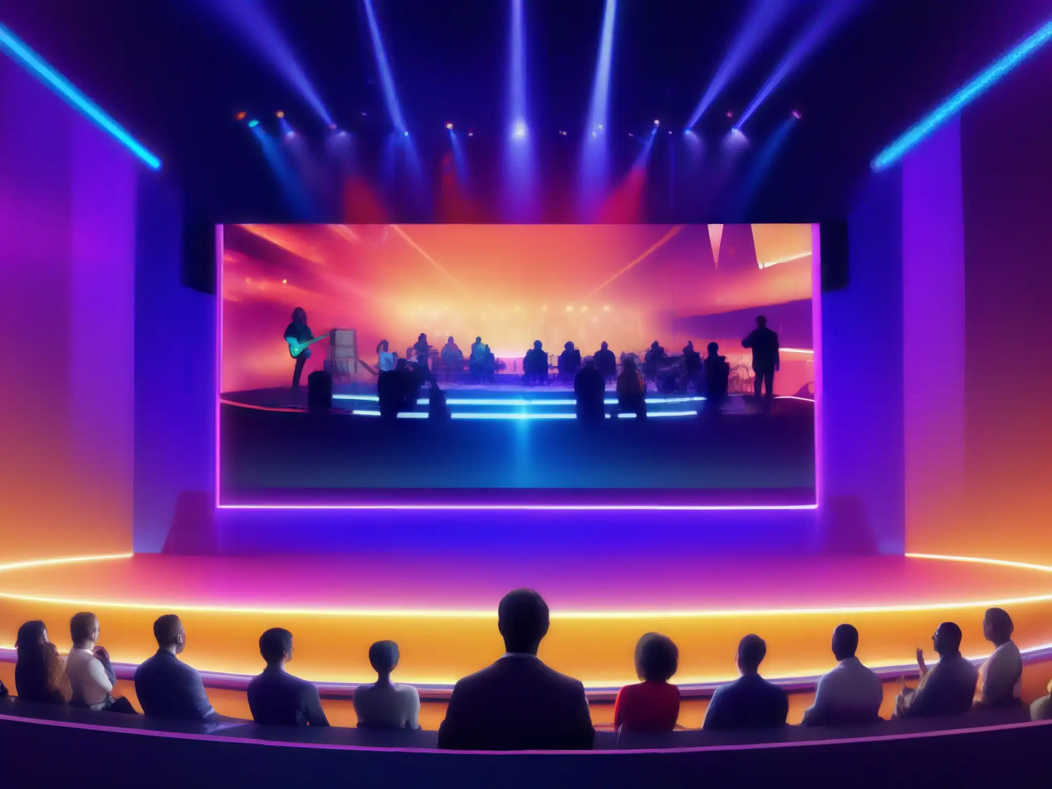 Concierto virtual innovador con avatares disfrutando Una imagen de un concierto virtual con avatares digitales disfrutando de una actuación en un escenario futurista