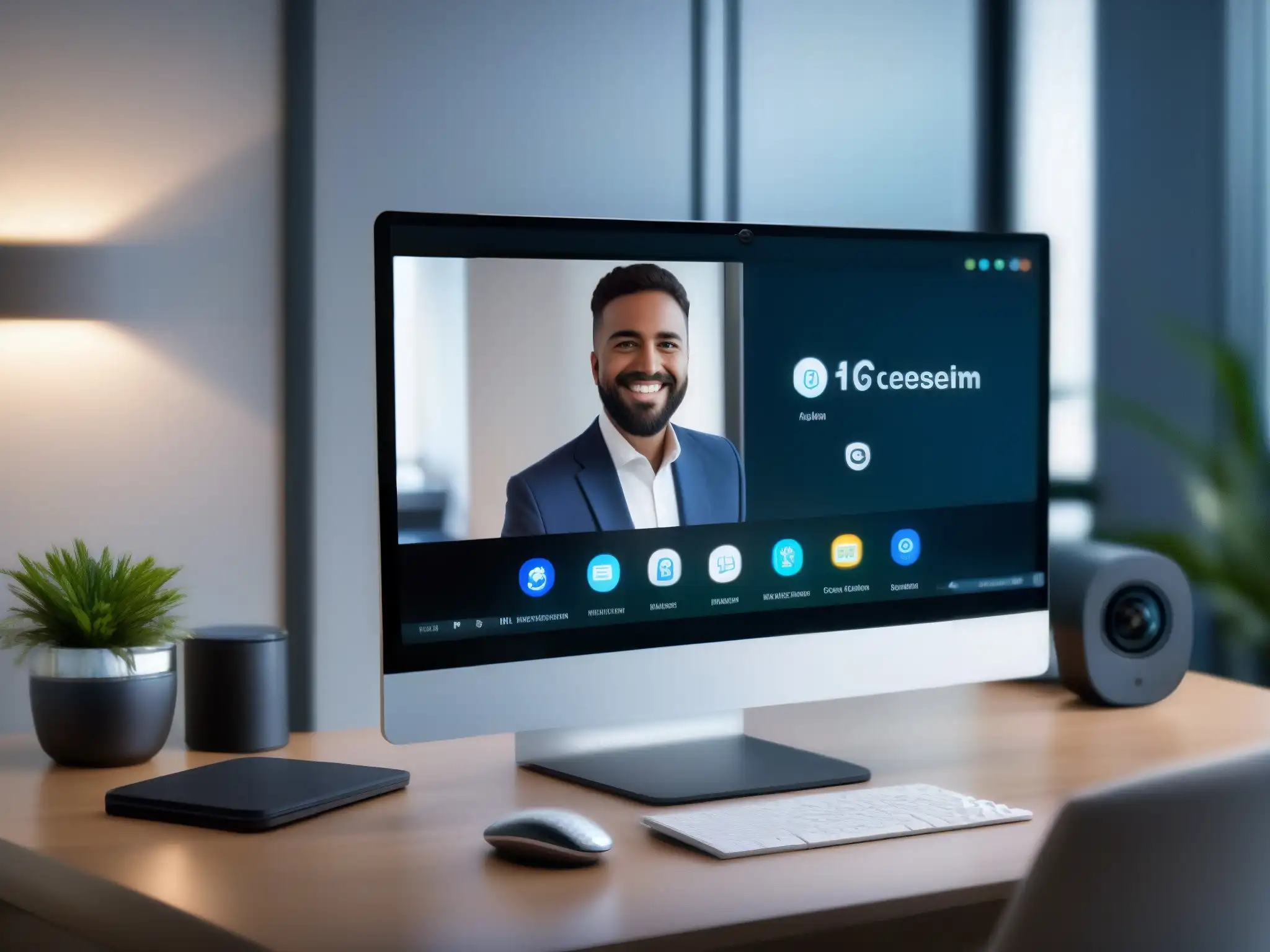 Configuración de videoconferencia profesional y segura Imagen de una configuración profesional de videoconferencia con alta seguridad de datos en un entorno de oficina minimalista y moderno