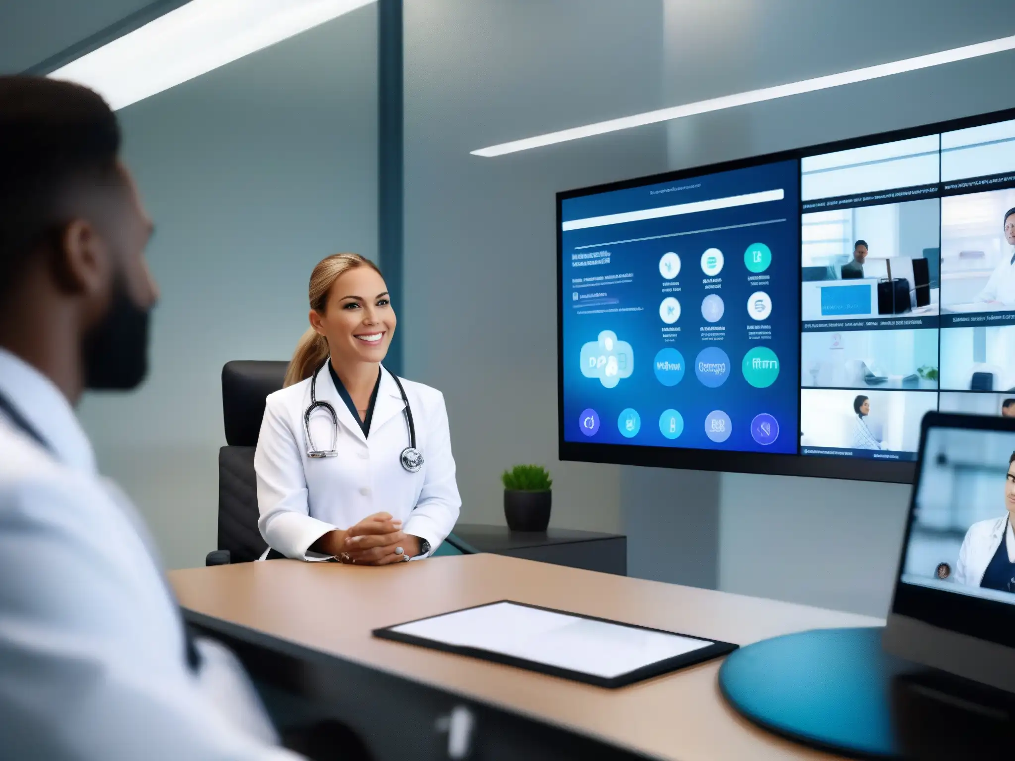 Consultorio médico moderno en videoconferencia Imagen 8k de una consulta médica remota con herramientas de videoconferencia para salud, transmitiendo confianza y profesionalismo