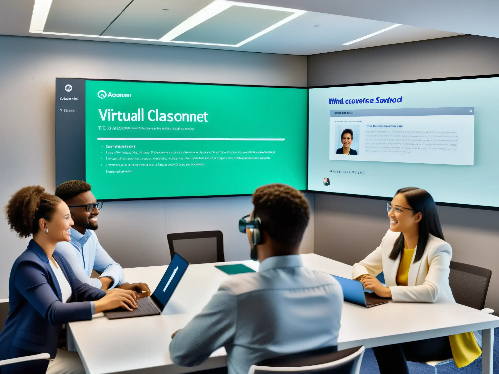 Clase virtual dinámica en Adobe Connect: tecnología educativa de vanguardia Imagen detallada de un aula virtual en Adobe Connect, con estudiantes interactuando en pizarras, videoconferencias y documentos colaborativos
