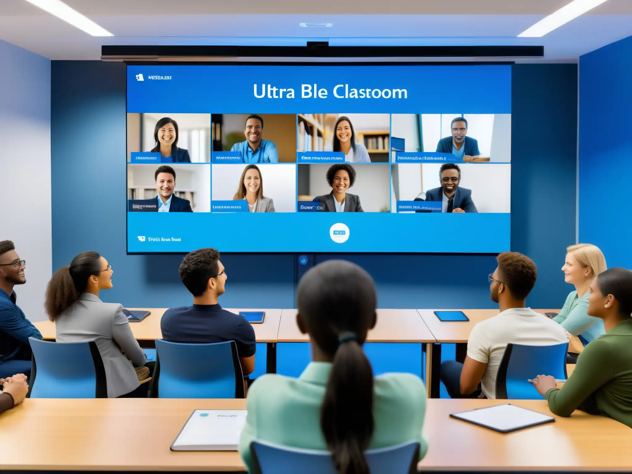 Clase virtual dinámica con BigBlueButton Imagen detallada de aula virtual con estudiantes participativos y profesor interactivo, destacando ventajas BigBlueButton educación a distancia