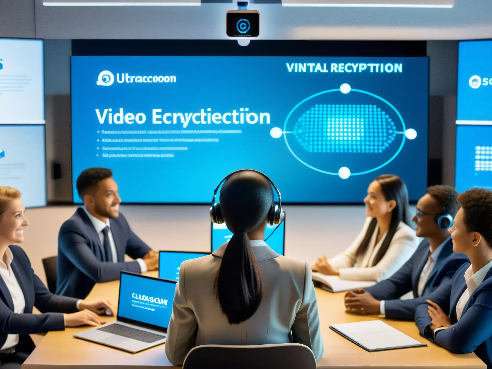 Entorno virtual seguro y profesional para educación online Imagen detallada de aula virtual segura con diversidad estudiantil y profesor en videoconferencia