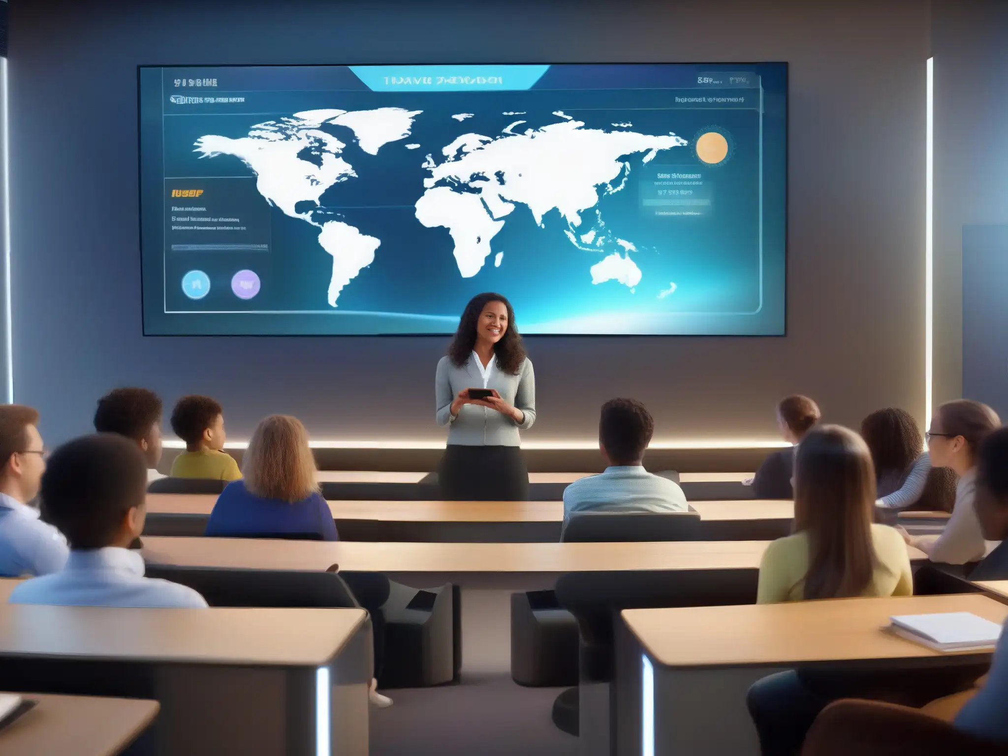 Clase virtual de alta tecnología: Innovación educativa Una imagen detallada de una aula virtual moderna con estudiantes y un profesor participando en una videoconferencia interactiva