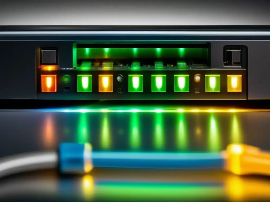 Red de alta calidad para videoconferencias Una imagen detallada de cables de red conectados a un router moderno, mostrando una configuración de red optimizada para videoconferencias