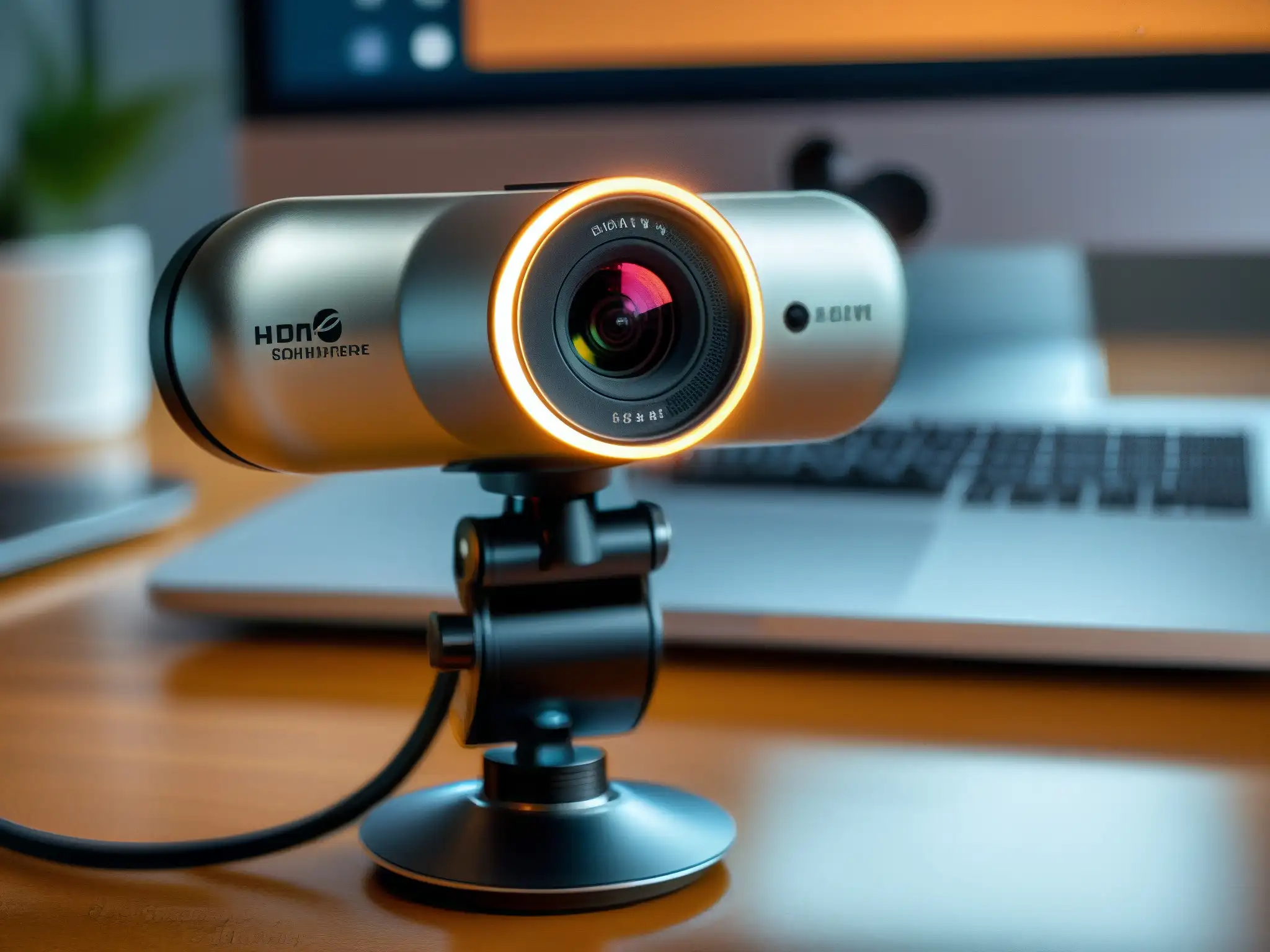 Detalles cautivadores de cámara y micrófono en escritorio moderno Una imagen detallada muestra una configuración de webcam y micrófono en un elegante escritorio
