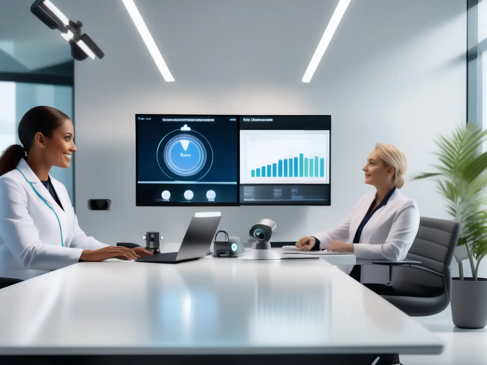 Consultorio médico de telemedicina ultradetallado en 8k Imagen 8k detallada de una consulta de telemedicina, destacando la integración de tecnología y salud en un entorno profesional y eficiente