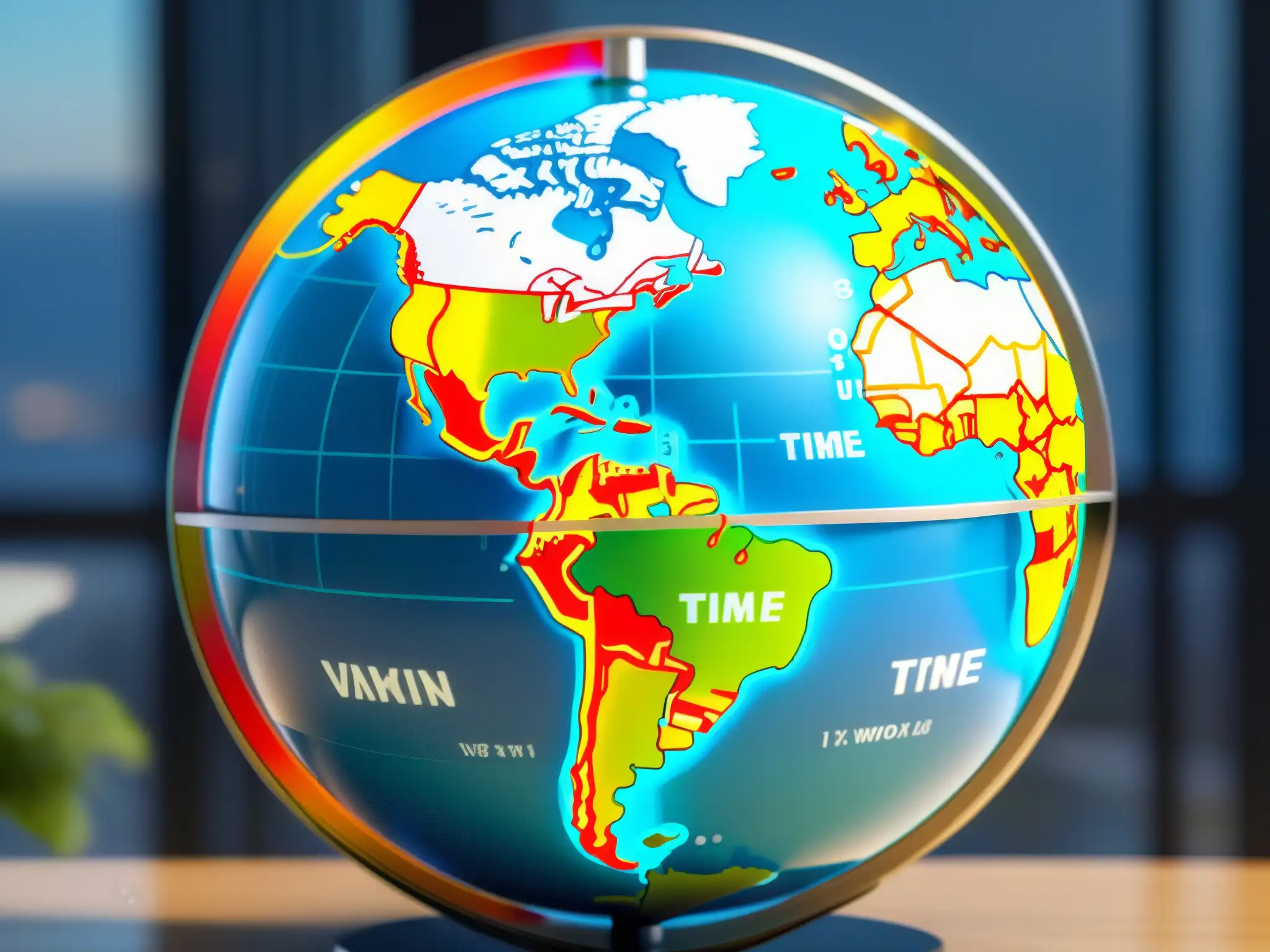 Mapamundi 8k con relojes digitales Imagen 8k detallada de un globo terráqueo con husos horarios y relojes digitales mostrando la hora actual en varias ciudades