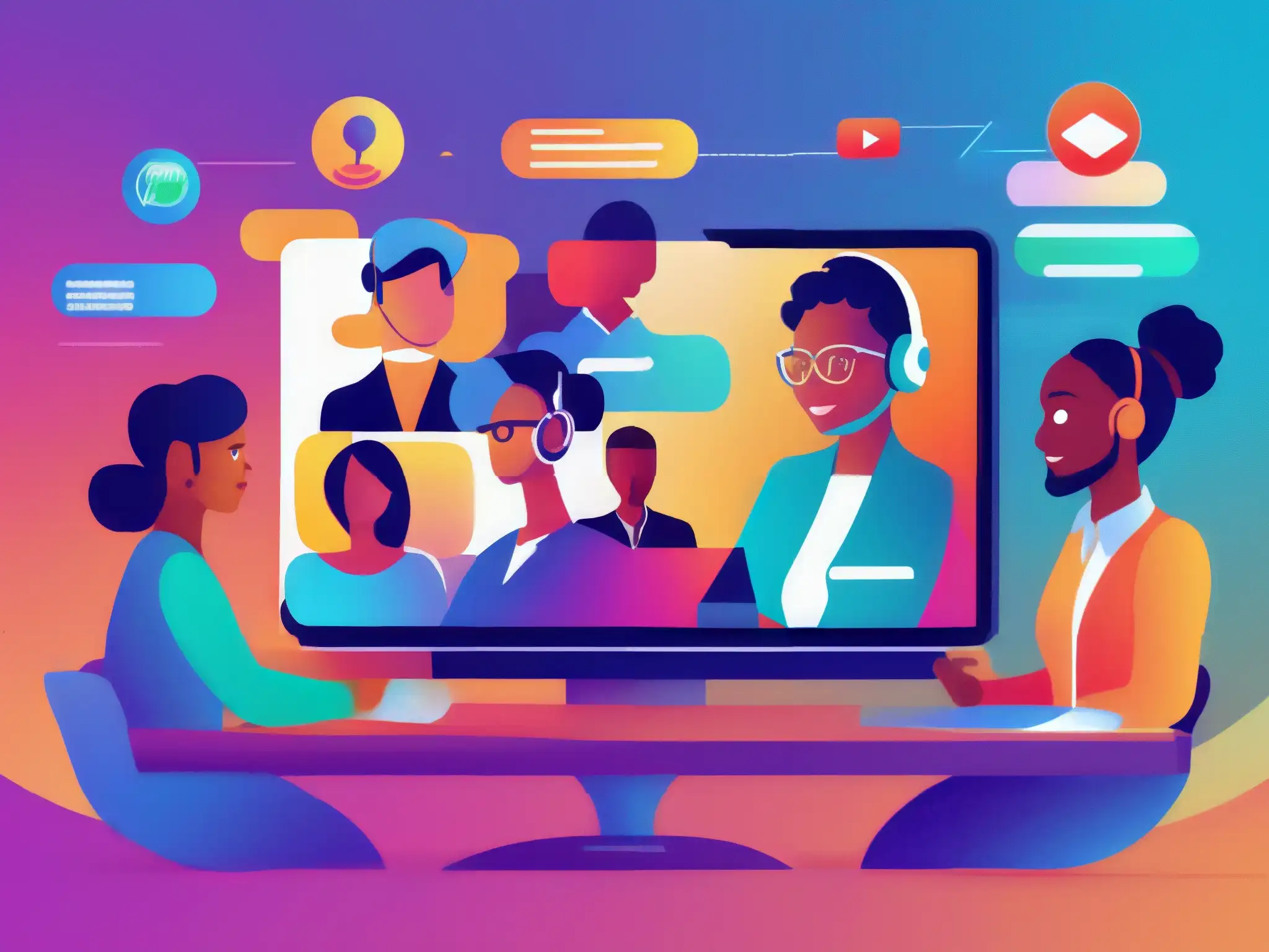 Interfaz de videoconferencia moderna y colorida para conexión inclusiva Imagen detallada de una interfaz de videoconferencia fácil de usar, con colores vibrantes y botones grandes, transmitiendo accesibilidad cognitiva en videoconferencias inclusivas y modernas