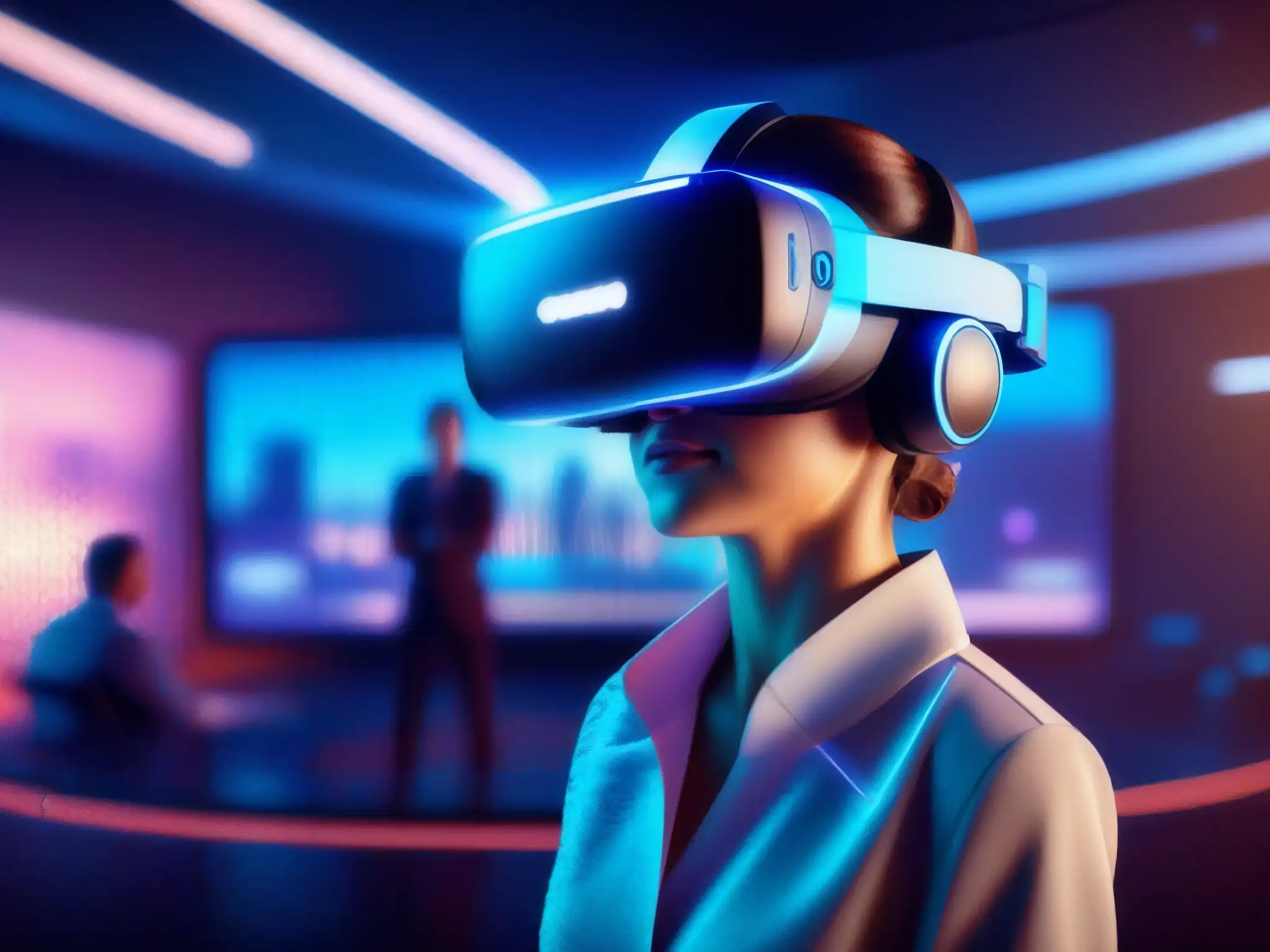 Realidad virtual corporativa: Reunión 3D de negocios Una imagen 8k detallada de un moderno auricular de realidad virtual en un espacio de reunión virtual profesional
