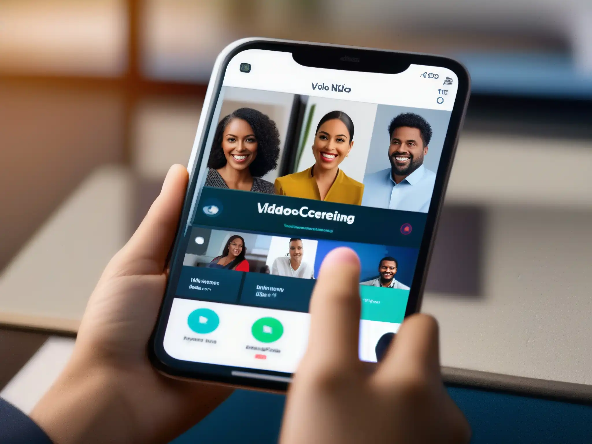 Interfaz de videoconferencia 8k en smartphone: eficiente y profesional Una imagen 8k detallada de una pantalla de smartphone con una interfaz elegante de app para videoconferencias