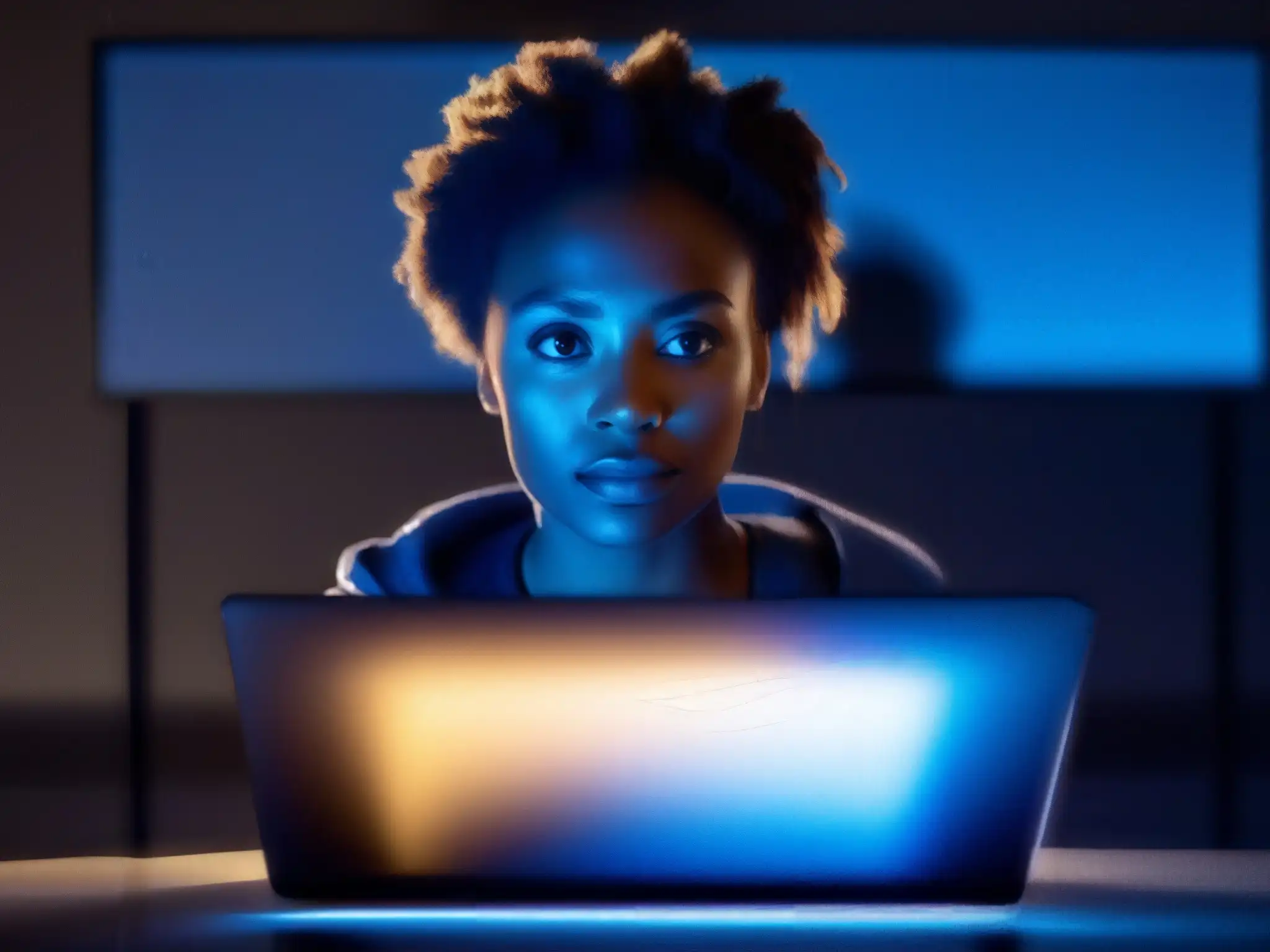 Concentración y preocupación: el equilibrio en videoconferencias Imagen detallada de una persona iluminada por la pantalla de un portátil durante una videoconferencia