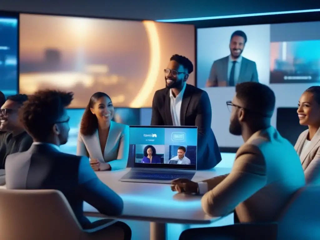 Videoconferencia multicultural de profesionales en 8K Una imagen 8k detallada de profesionales multiculturales en una videoconferencia, utilizando las mejores herramientas de colaboración virtual