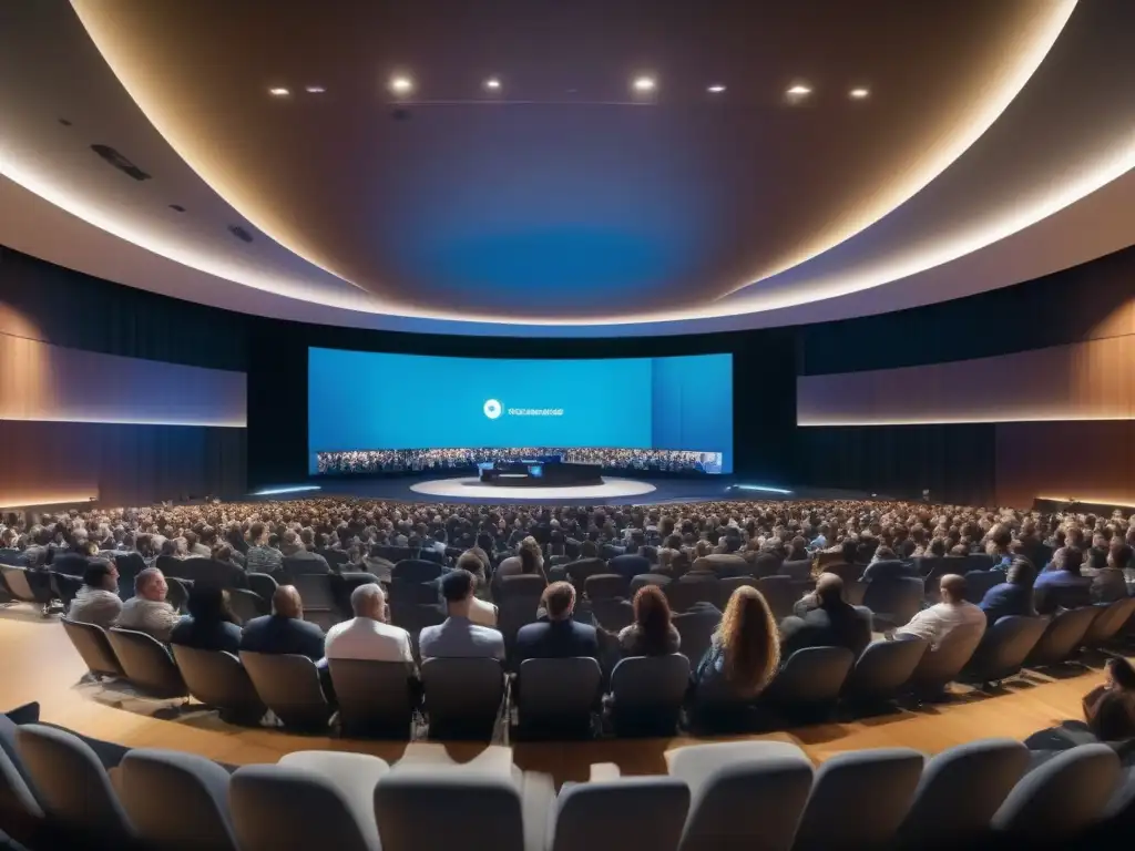 Conferencia virtual de alto impacto: auditorio lleno y tecnología avanzada Una imagen detallada de una sala llena de personas en una videoconferencia, con tecnología avanzada y un ambiente profesional